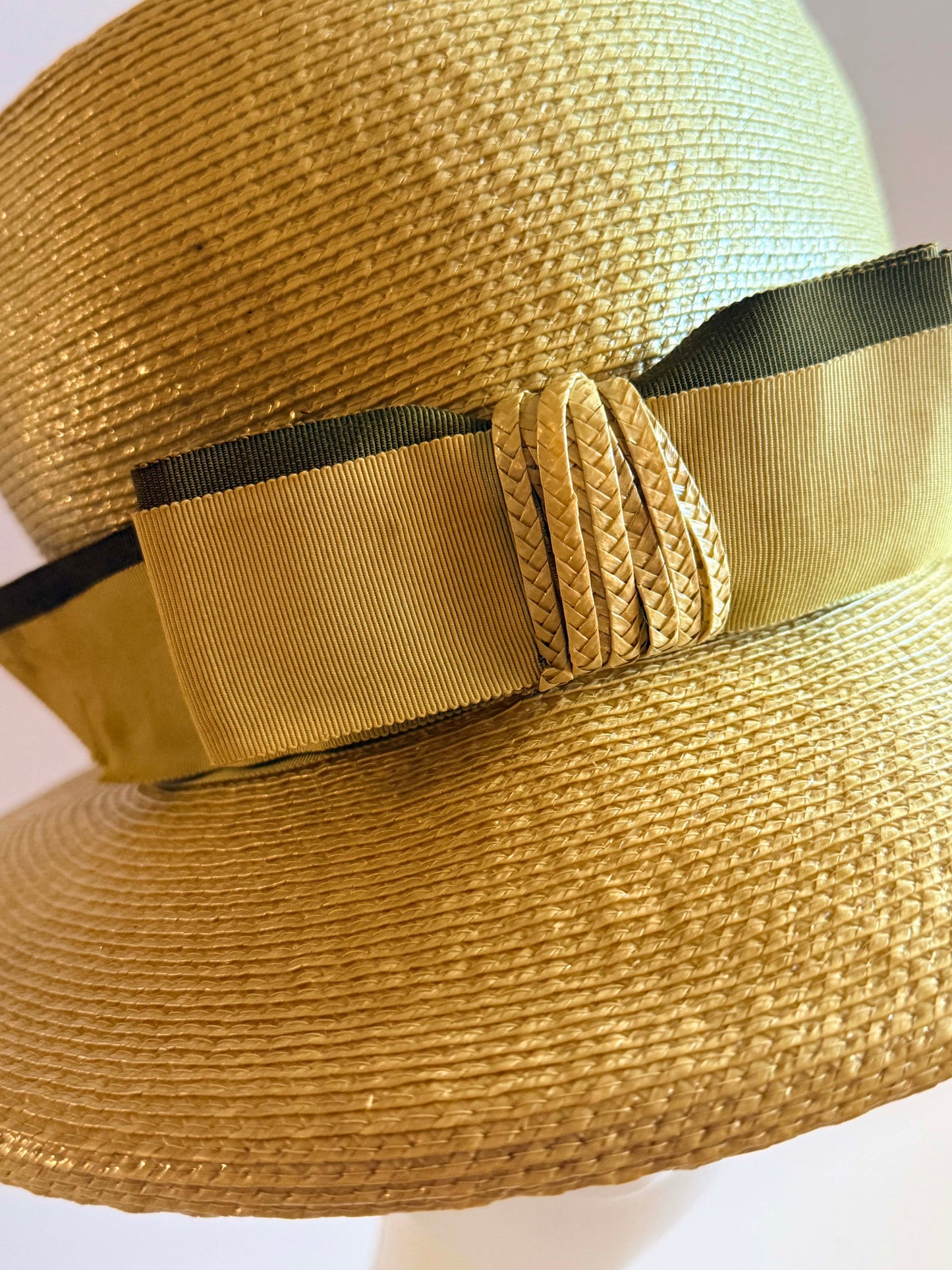 1960s Yellow Straw Boater Hat Wide Brim Ribbon Trim Summer Hat Vintage Structured Straw Hat