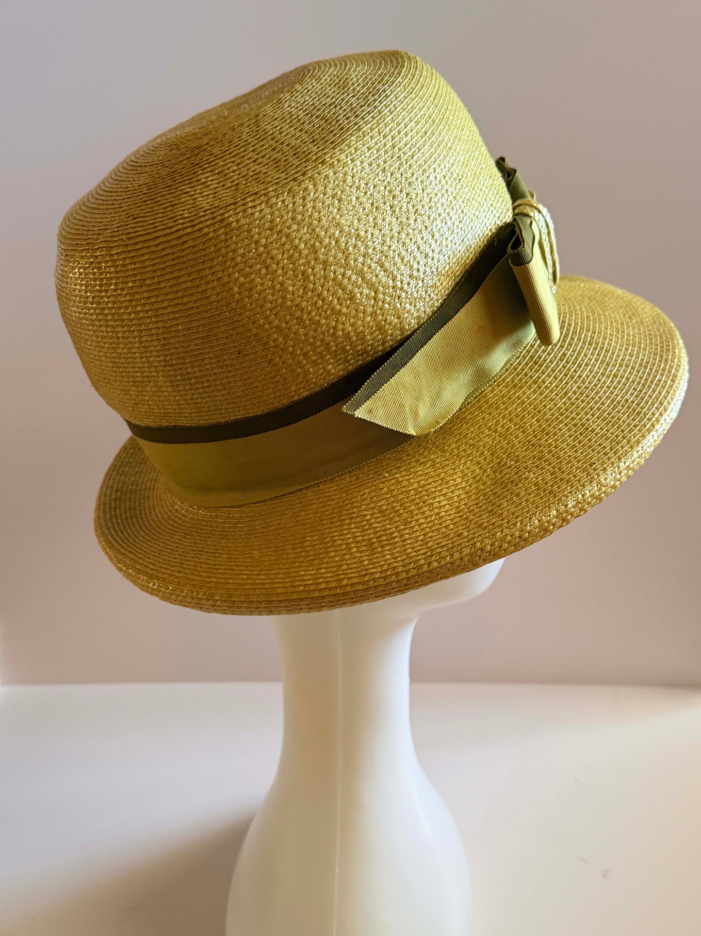 1960s Yellow Straw Boater Hat Wide Brim Ribbon Trim Summer Hat Vintage Structured Straw Hat