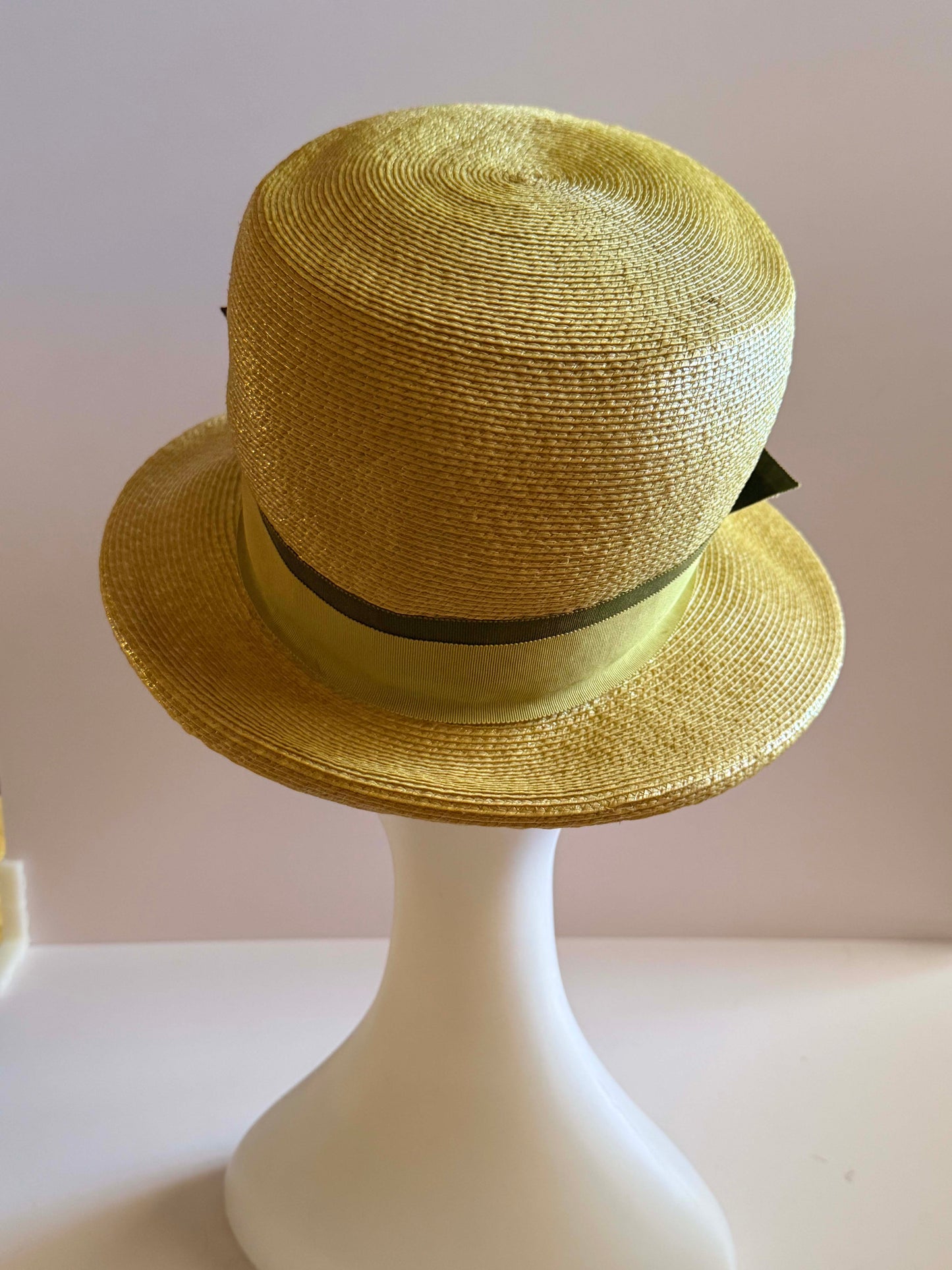 1960s Yellow Straw Boater Hat Wide Brim Ribbon Trim Summer Hat Vintage Structured Straw Hat