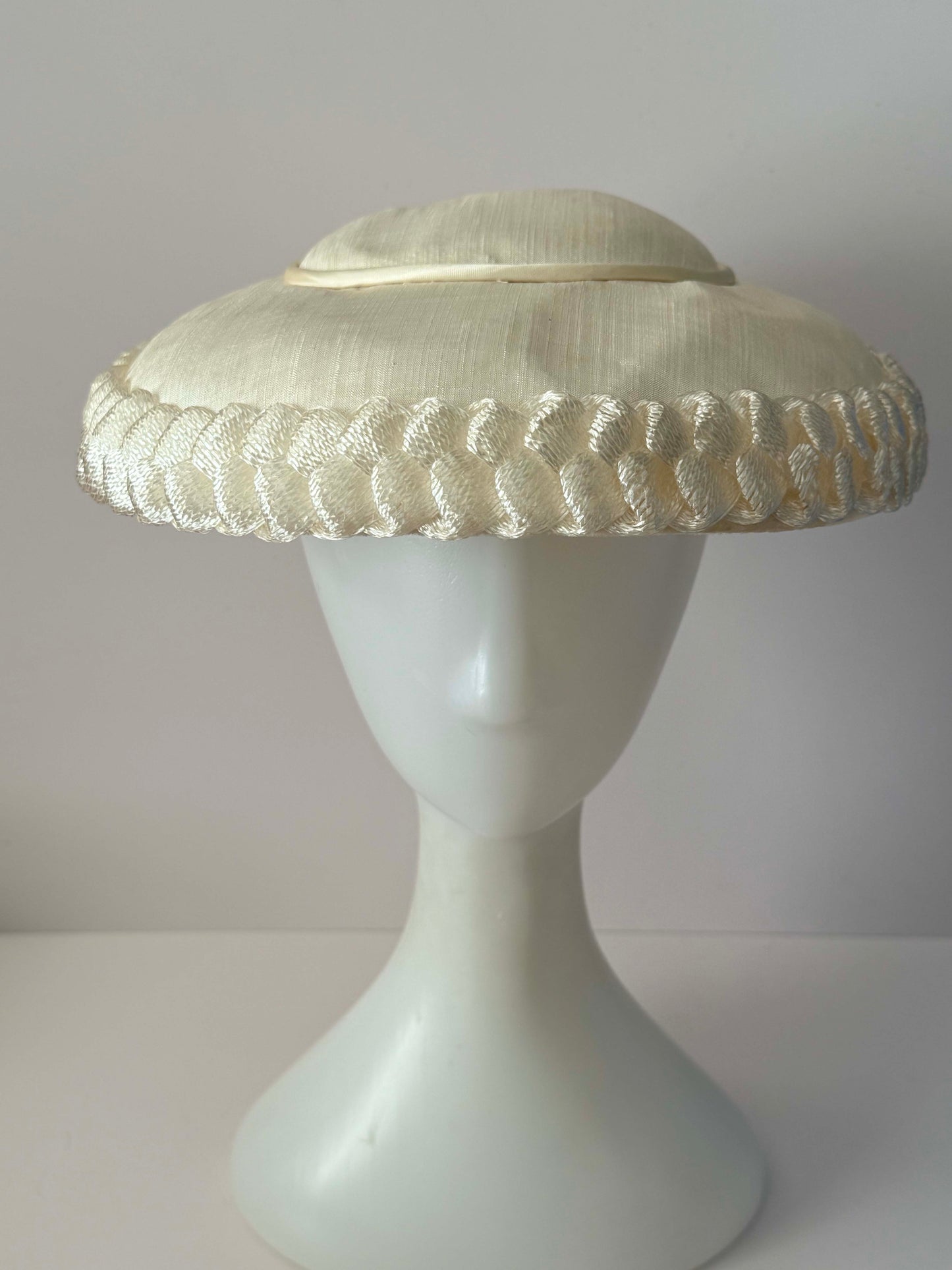 1950s Vintage Ivory Picture Hat | Wide Brim Satin Bridal Hat | Mid Century Wedding Formal Hat