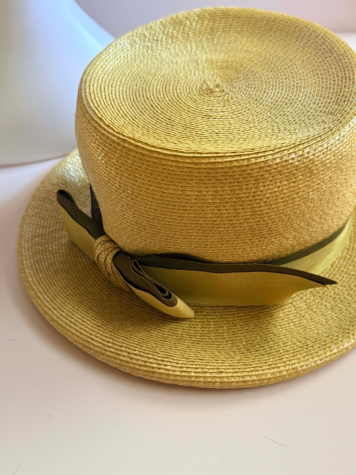 1960s Yellow Straw Boater Hat Wide Brim Ribbon Trim Summer Hat Vintage Structured Straw Hat