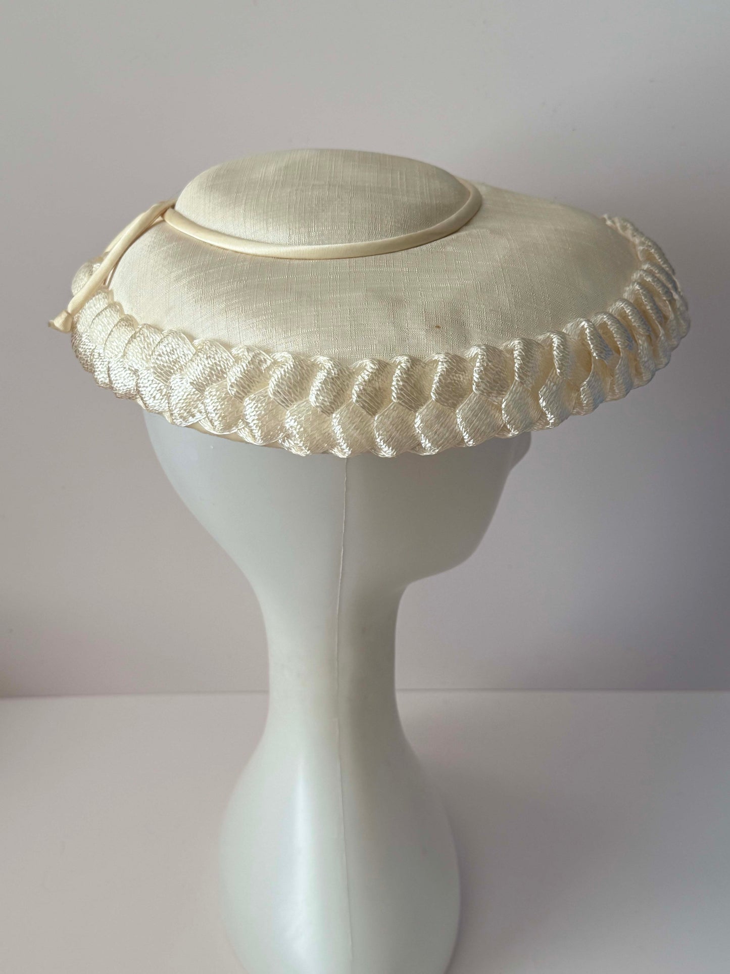 1950s Vintage Ivory Picture Hat | Wide Brim Satin Bridal Hat | Mid Century Wedding Formal Hat