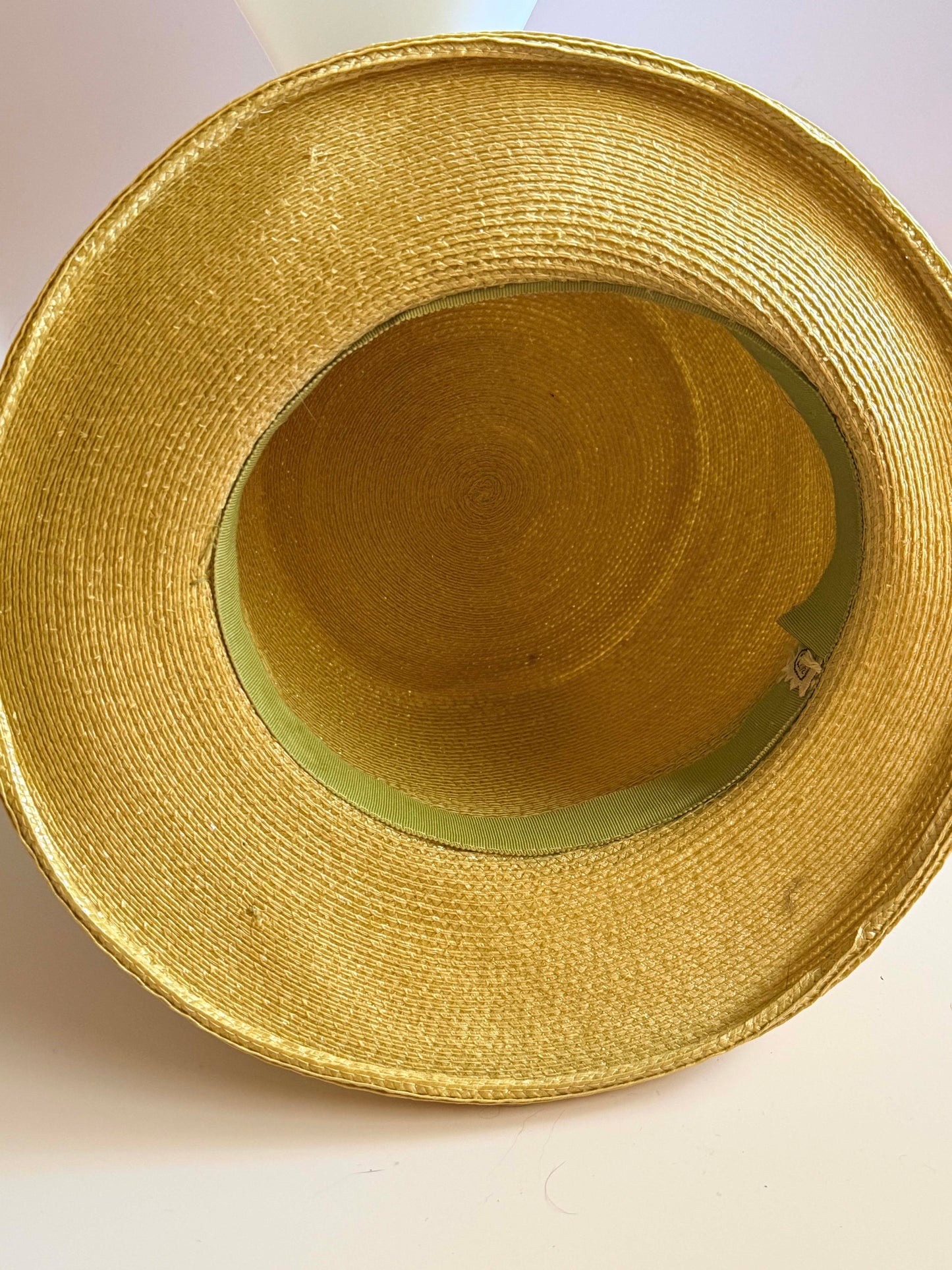 1960s Yellow Straw Boater Hat Wide Brim Ribbon Trim Summer Hat Vintage Structured Straw Hat