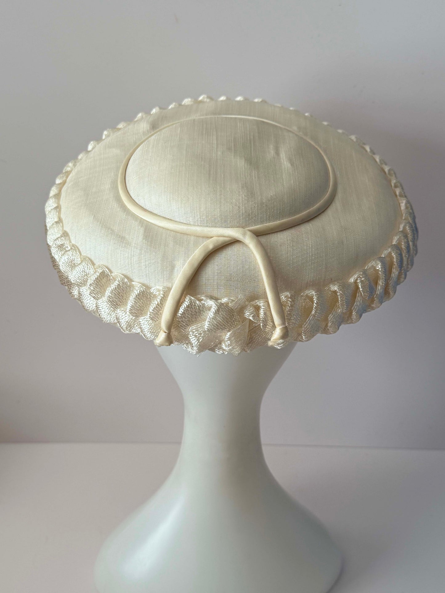 1950s Vintage Ivory Picture Hat | Wide Brim Satin Bridal Hat | Mid Century Wedding Formal Hat