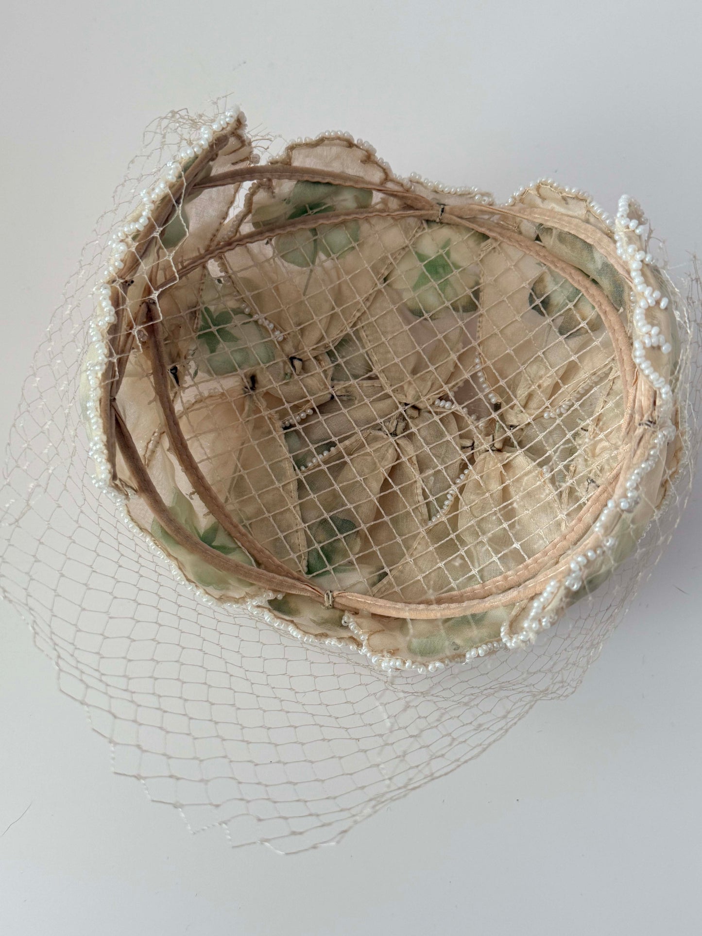 Vintage 1950s Ivory Floral Hat Pearl Beaded Veil Bridal Wedding Cocktail Half Hat