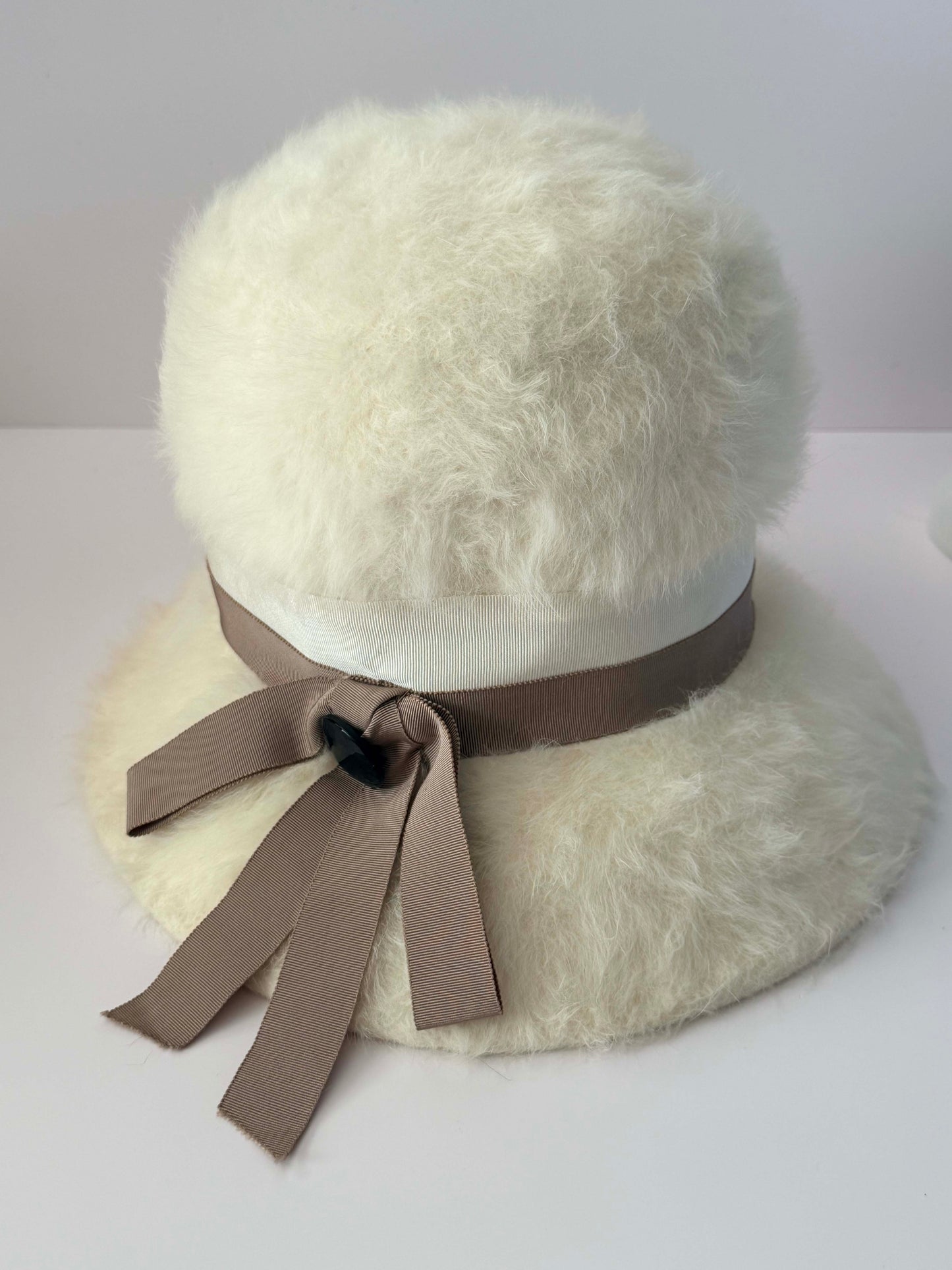 1960s Vintage Aigrette Ivory Wide Brim Hat | Made in Italy Fuzzy Mod Picture Hat | Cream Winter Hat