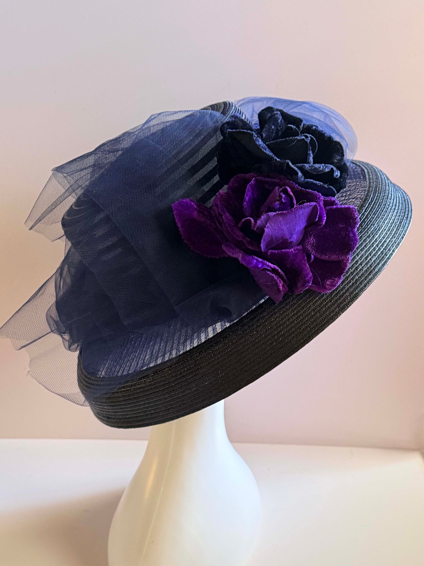 Vintage 1950s Navy Wide Brim Hat Tulle Veil Velvet Floral Cocktail Hat Dramatic Mid Century