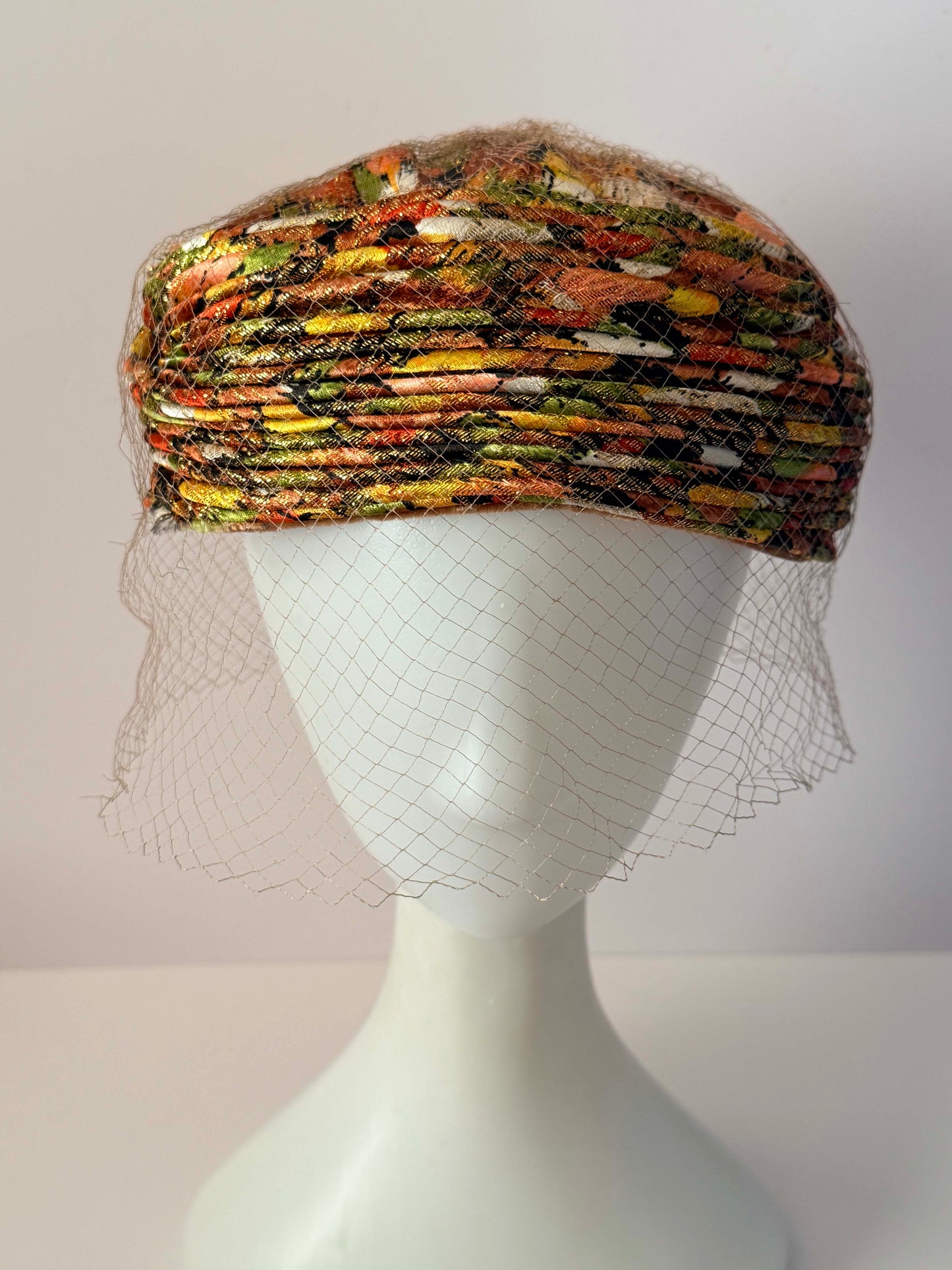 Vintage 1960s Veiled Pillbox Hat Metallic Brocade Floral Lurex Autumn Cocktail Hat Union Made USA