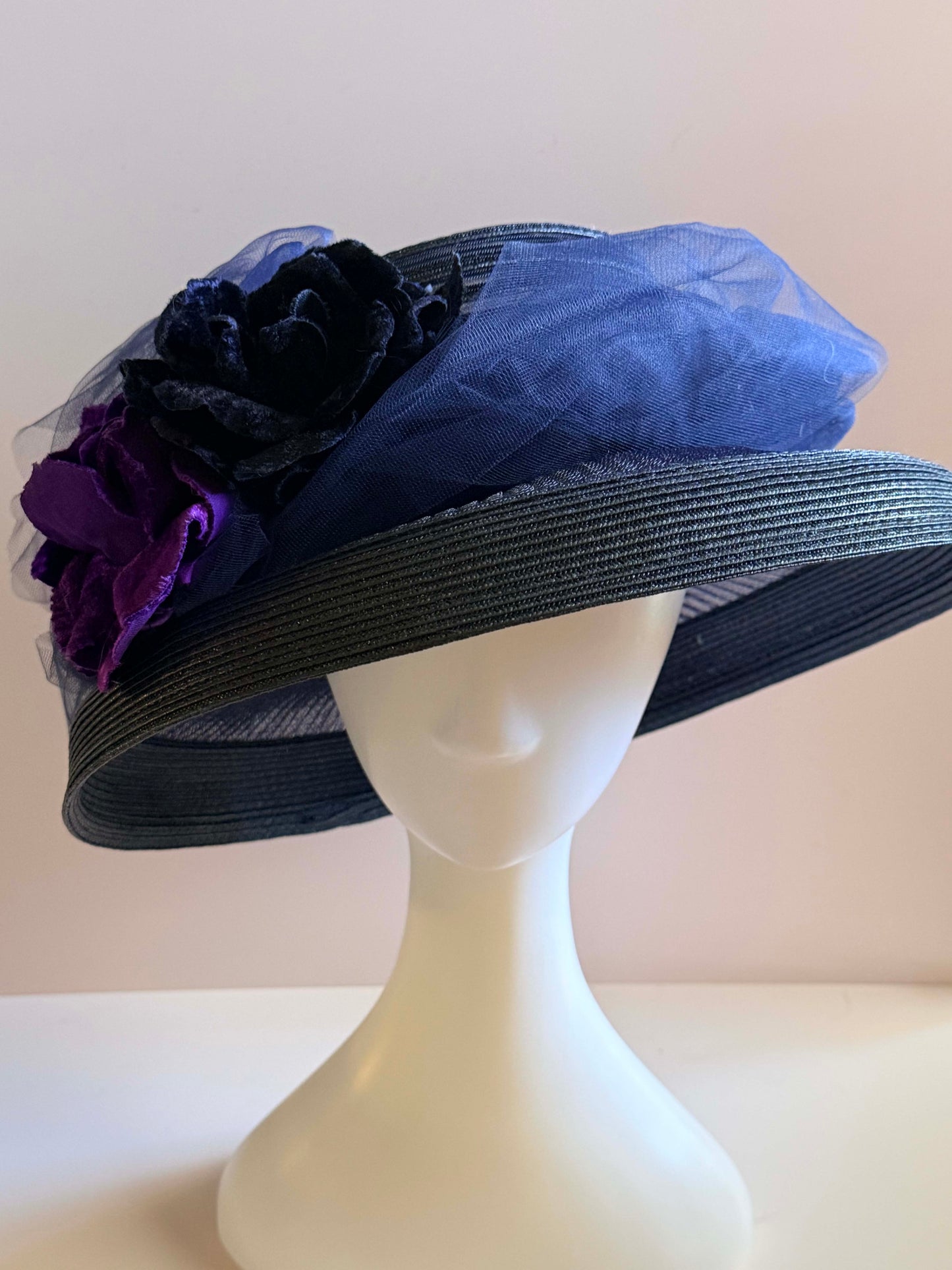 Vintage 1950s Navy Wide Brim Hat Tulle Veil Velvet Floral Cocktail Hat Dramatic Mid Century