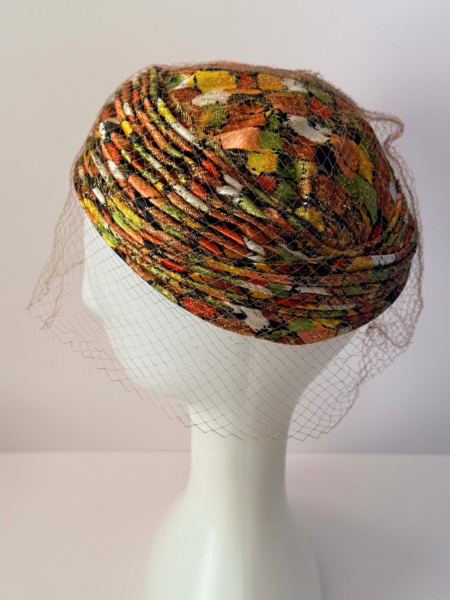 Vintage 1960s Veiled Pillbox Hat Metallic Brocade Floral Lurex Autumn Cocktail Hat Union Made USA
