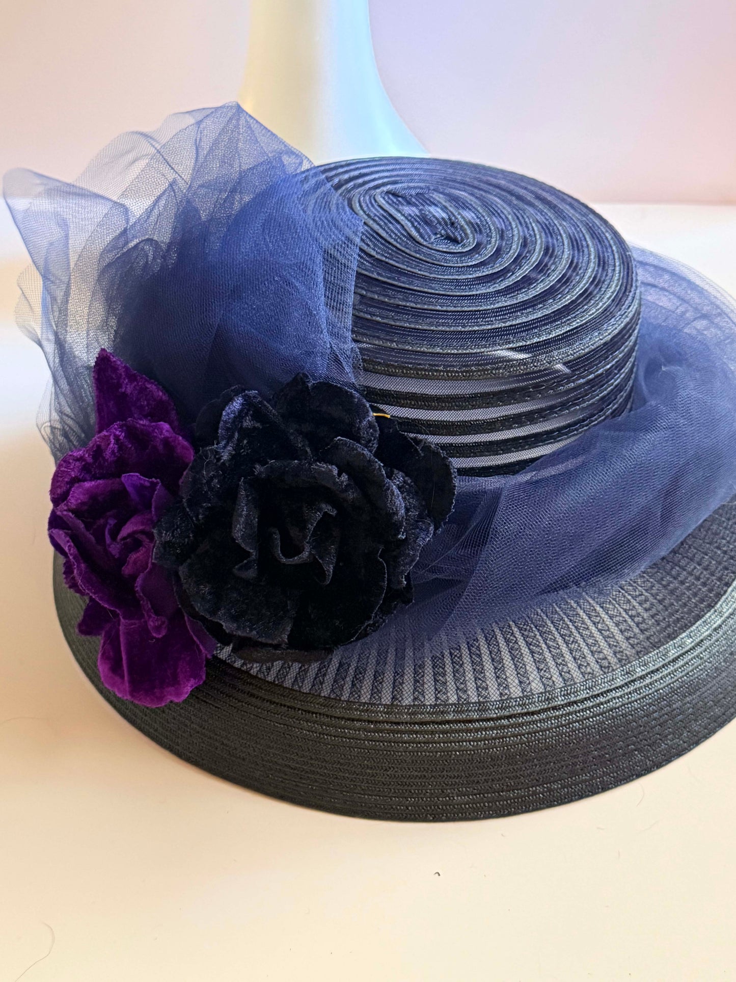 Vintage 1950s Navy Wide Brim Hat Tulle Veil Velvet Floral Cocktail Hat Dramatic Mid Century