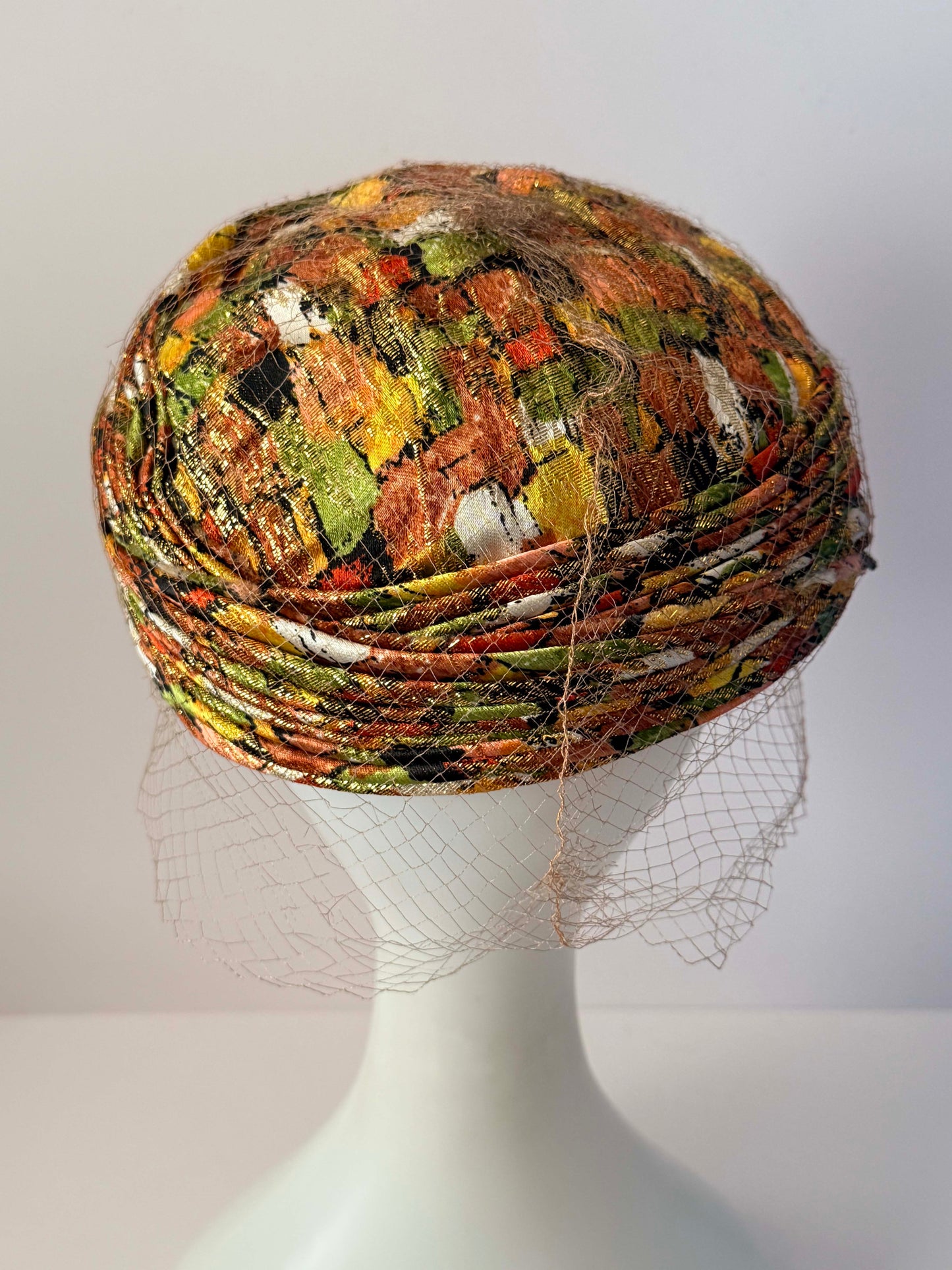 Vintage 1960s Veiled Pillbox Hat Metallic Brocade Floral Lurex Autumn Cocktail Hat Union Made USA