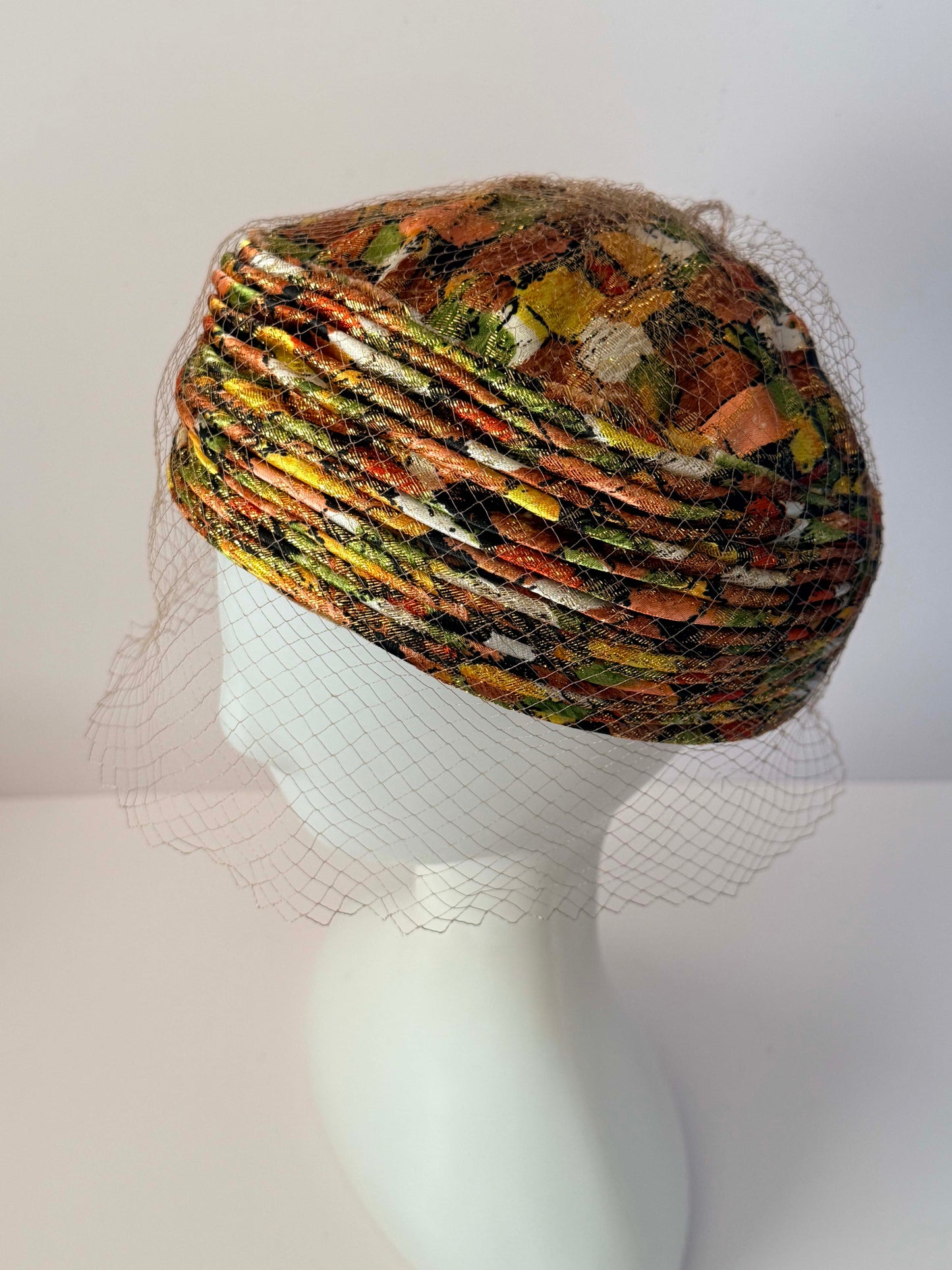 Vintage 1960s Veiled Pillbox Hat Metallic Brocade Floral Lurex Autumn Cocktail Hat Union Made USA