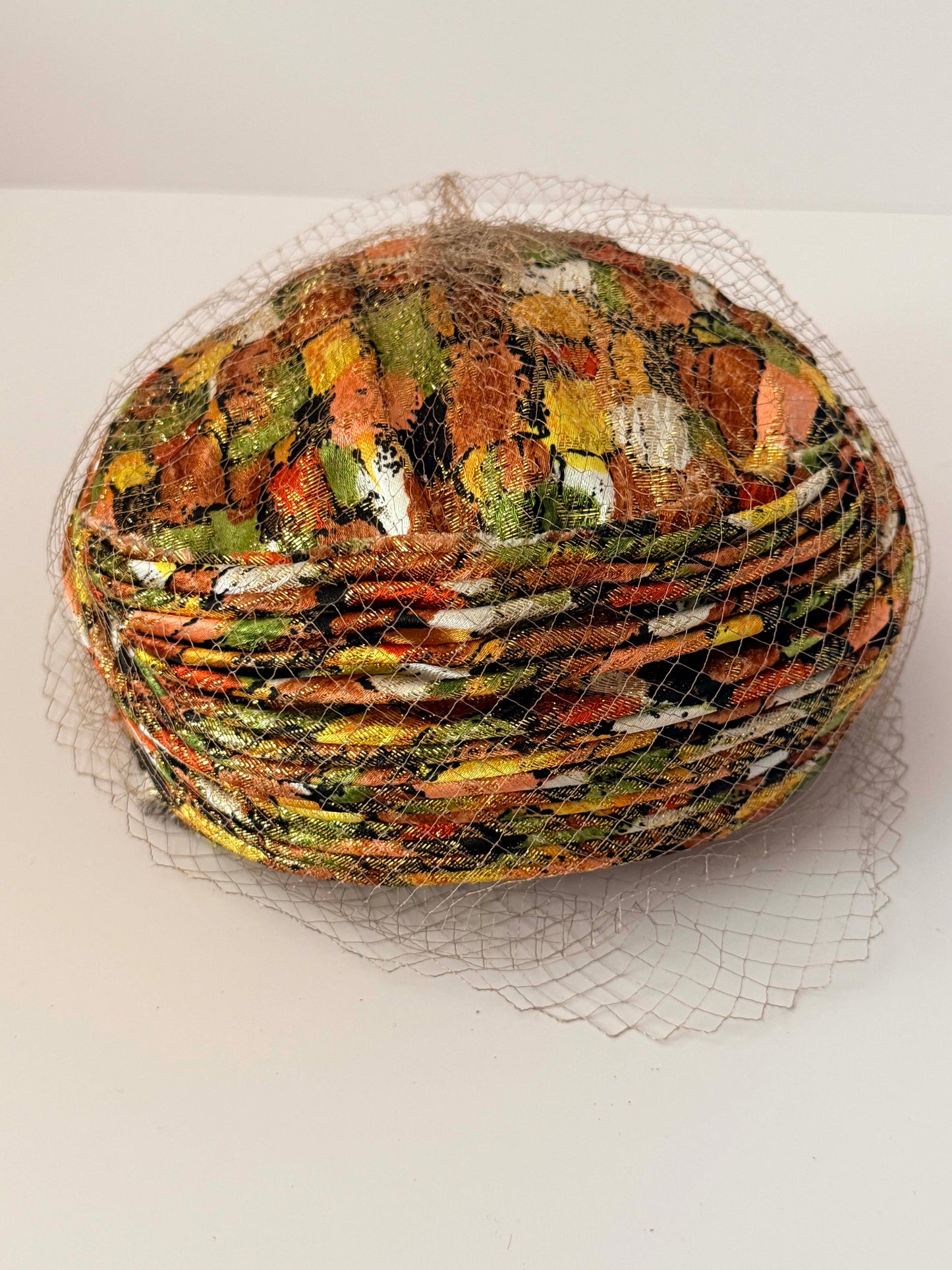 Vintage 1960s Veiled Pillbox Hat Metallic Brocade Floral Lurex Autumn Cocktail Hat Union Made USA