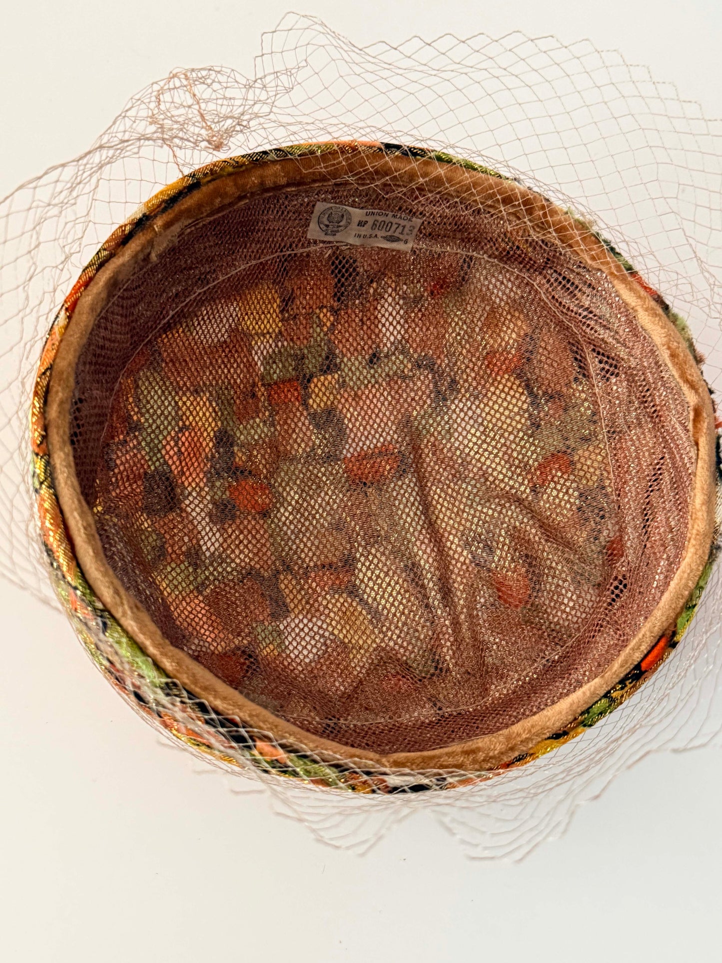 Vintage 1960s Veiled Pillbox Hat Metallic Brocade Floral Lurex Autumn Cocktail Hat Union Made USA