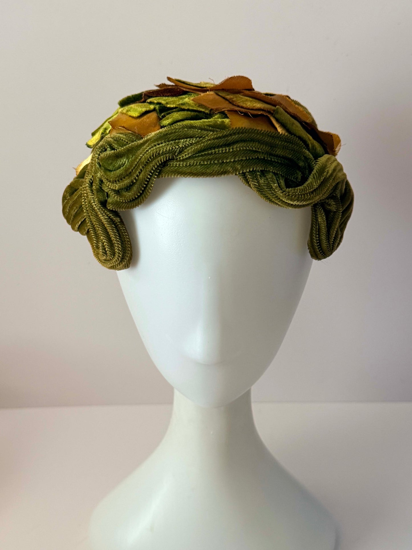 Vintage 1950s Green Velvet Leaf Hat | Satin Foliage Cocktail Hat | Sculptural Mid Century Millinery