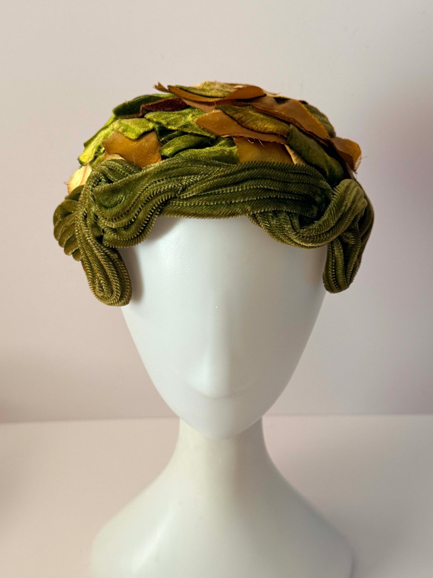 Vintage 1950s Green Velvet Leaf Hat | Satin Foliage Cocktail Hat | Sculptural Mid Century Millinery
