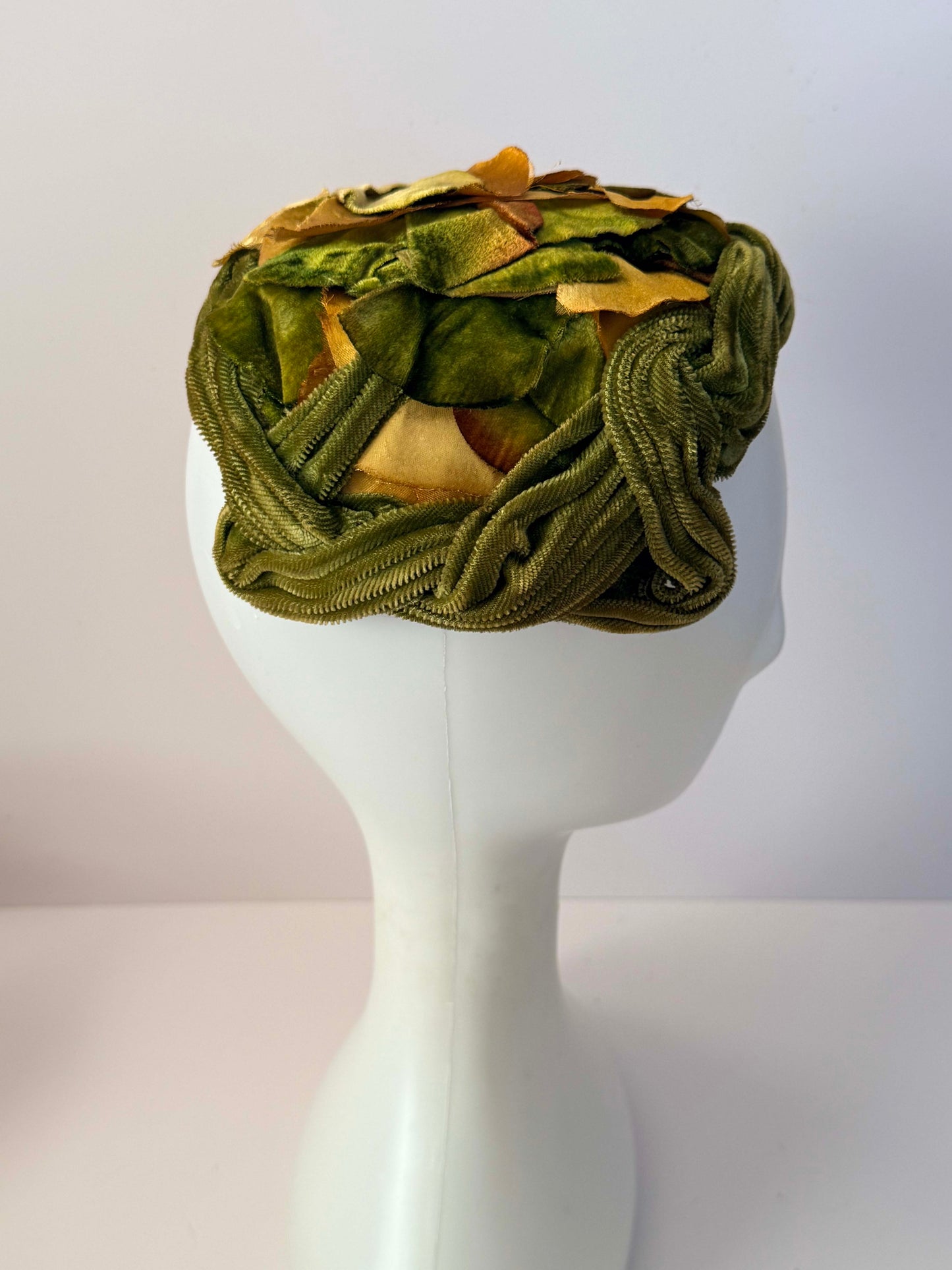 Vintage 1950s Green Velvet Leaf Hat | Satin Foliage Cocktail Hat | Sculptural Mid Century Millinery