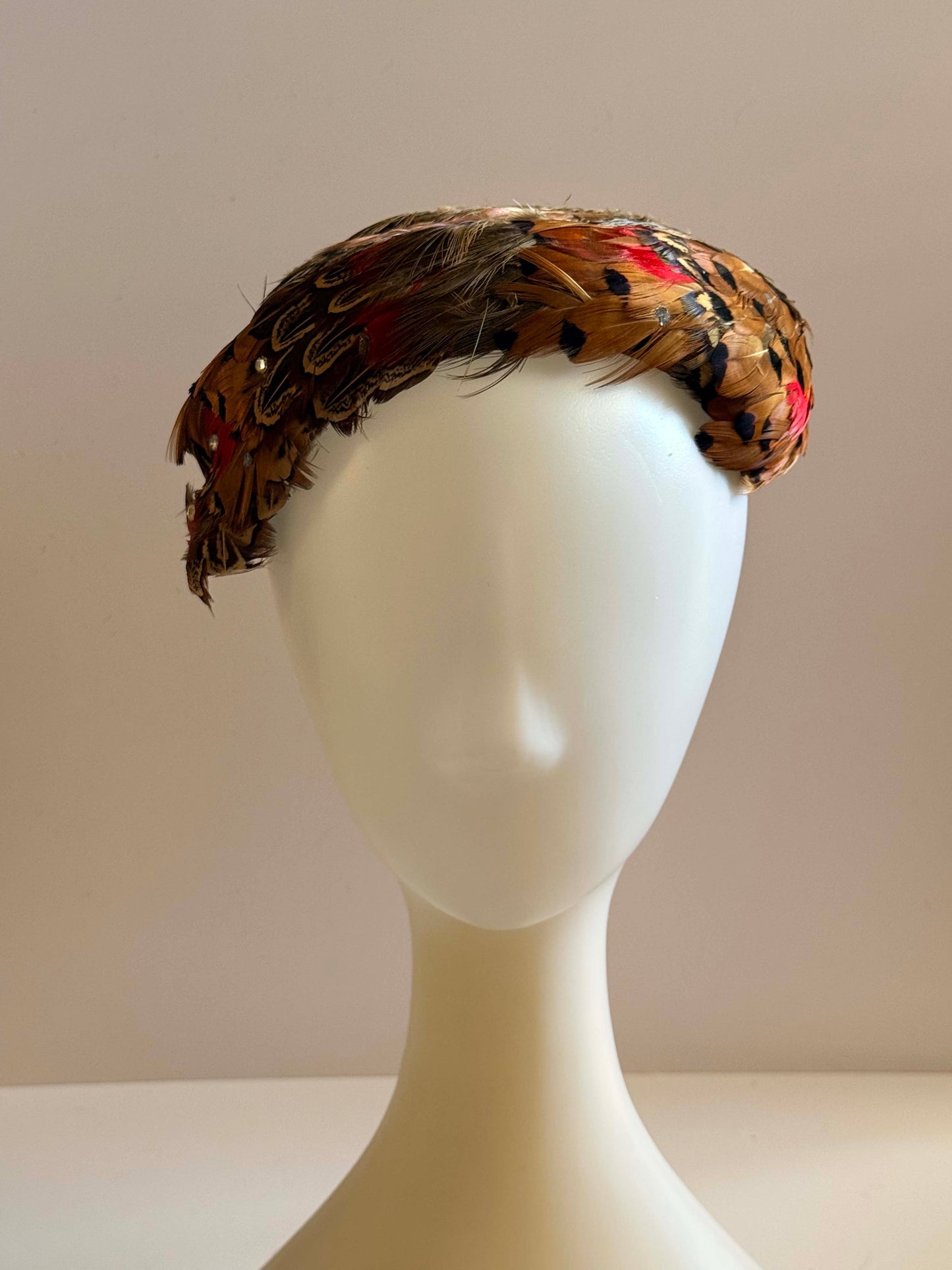 Vintage 1950s Feather Cocktail Hat Pheasant Feather Cap Rhinestone Studded Halo Tilt Hat Mid Century Statement Millinery