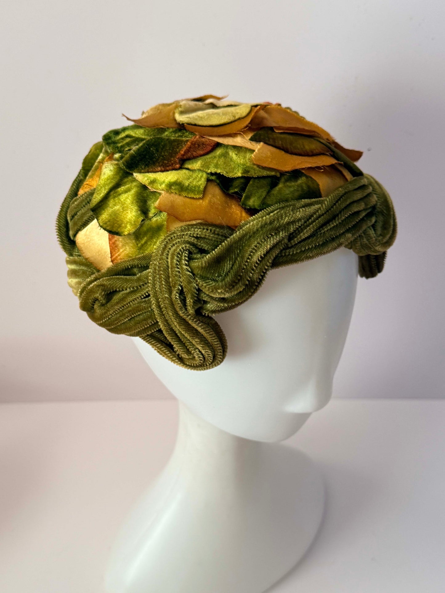 Vintage 1950s Green Velvet Leaf Hat | Satin Foliage Cocktail Hat | Sculptural Mid Century Millinery