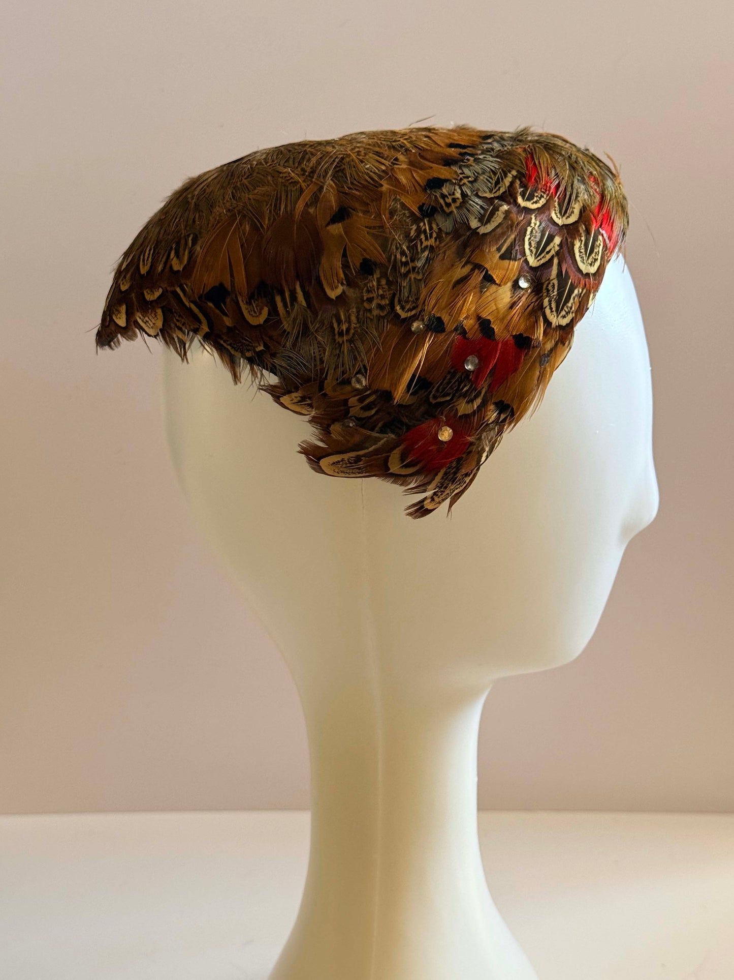 Vintage 1950s Feather Cocktail Hat Pheasant Feather Cap Rhinestone Studded Halo Tilt Hat Mid Century Statement Millinery
