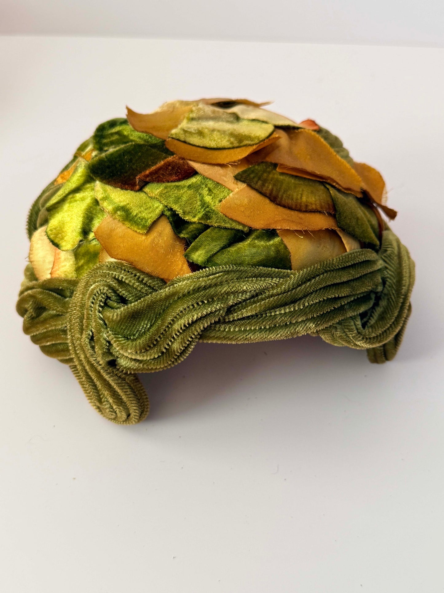 Vintage 1950s Green Velvet Leaf Hat | Satin Foliage Cocktail Hat | Sculptural Mid Century Millinery