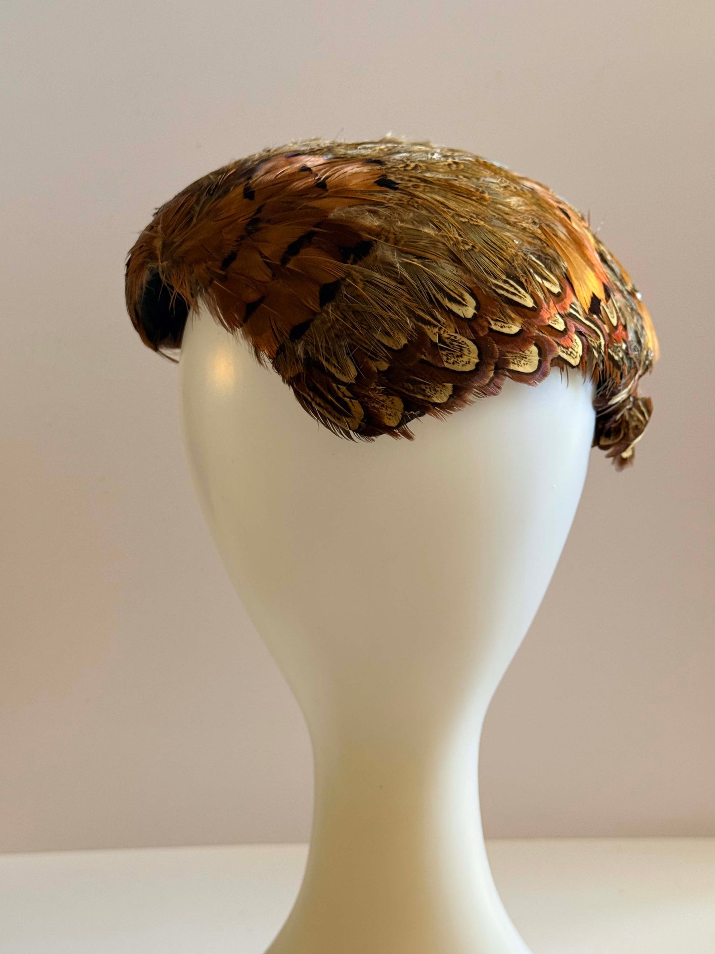 Vintage 1950s Feather Cocktail Hat Pheasant Feather Cap Rhinestone Studded Halo Tilt Hat Mid Century Statement Millinery