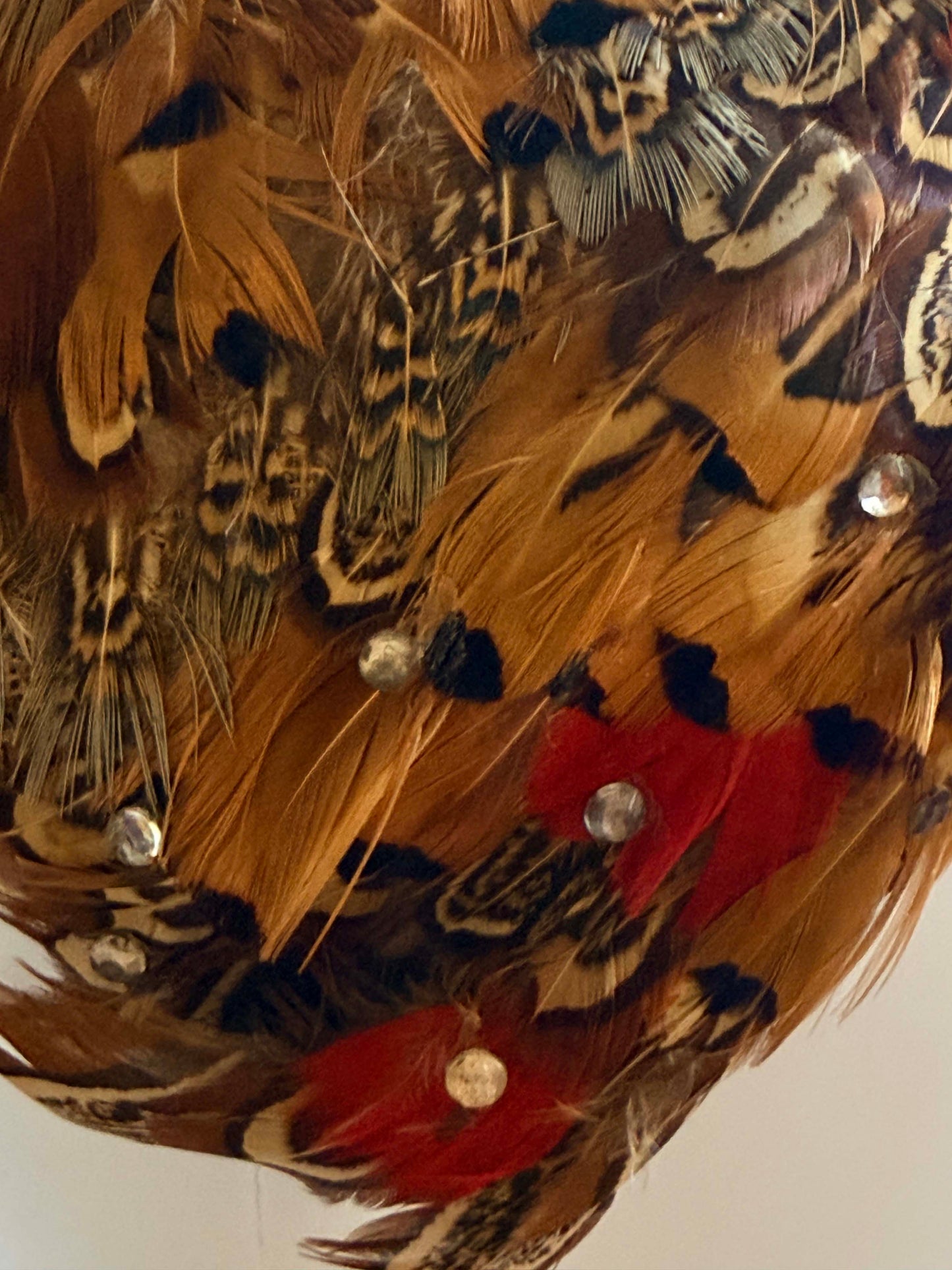 Vintage 1950s Feather Cocktail Hat Pheasant Feather Cap Rhinestone Studded Halo Tilt Hat Mid Century Statement Millinery