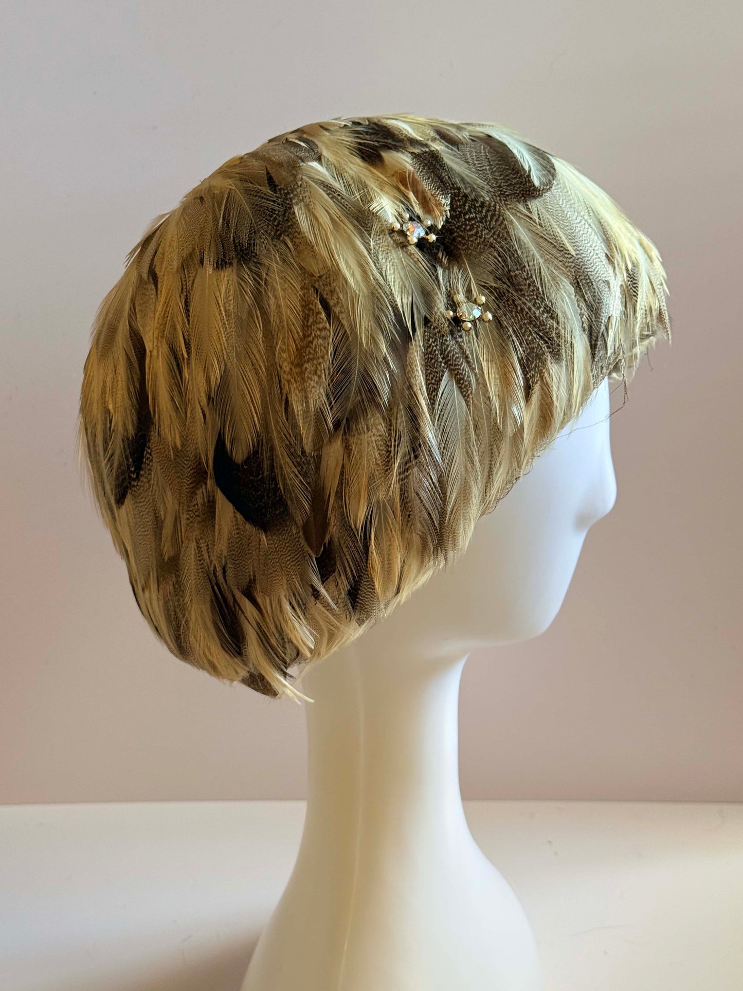 1960s Feather Bubble Hat Julia Spirozak Vogue Hats New York Brown Feather Hat Beaded Trim Vintage Cocktail Hat