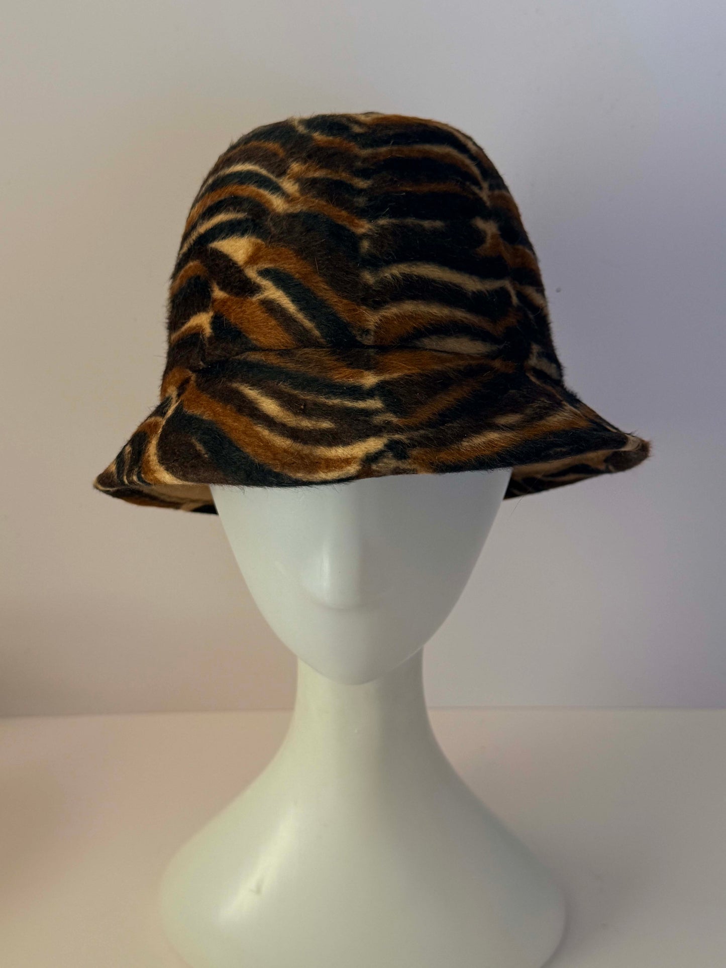Vintage Adolfo II Animal Print Hat Gimbels Austrian Fur Felt Bucket Hat Designer Millinery