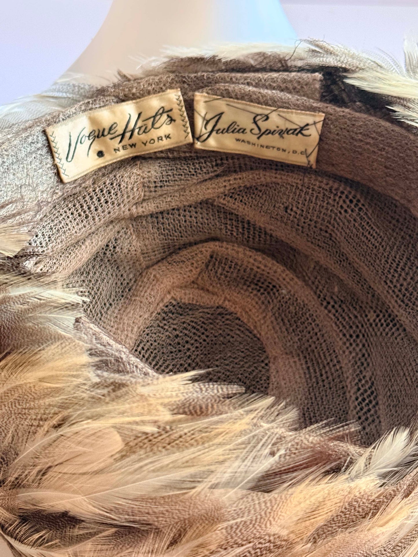 1960s Feather Bubble Hat Julia Spirozak Vogue Hats New York Brown Feather Hat Beaded Trim Vintage Cocktail Hat