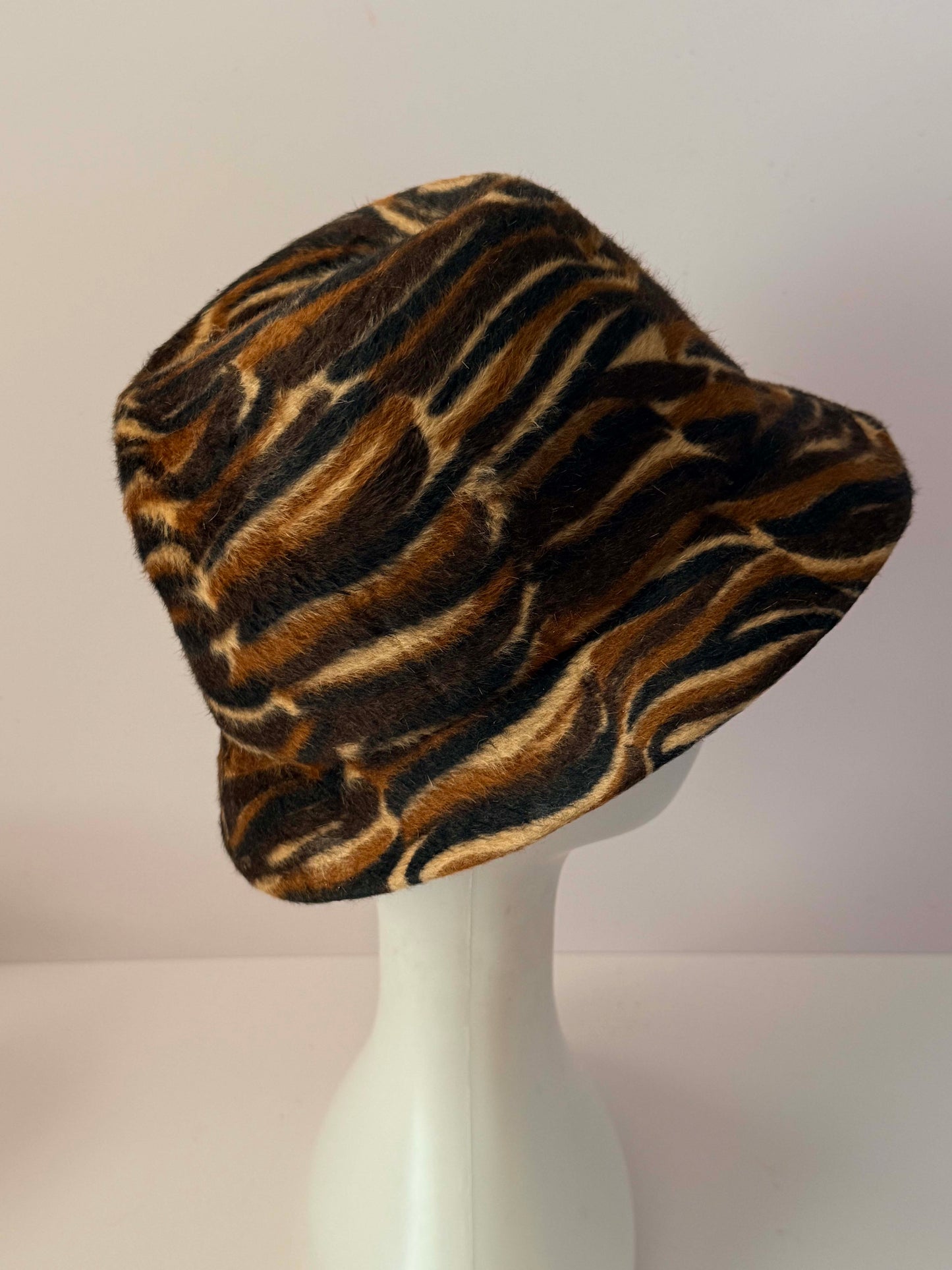 Vintage Adolfo II Animal Print Hat Gimbels Austrian Fur Felt Bucket Hat Designer Millinery