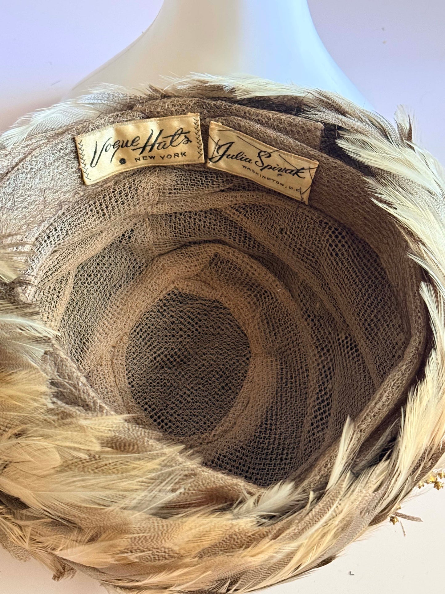 1960s Feather Bubble Hat Julia Spirozak Vogue Hats New York Brown Feather Hat Beaded Trim Vintage Cocktail Hat