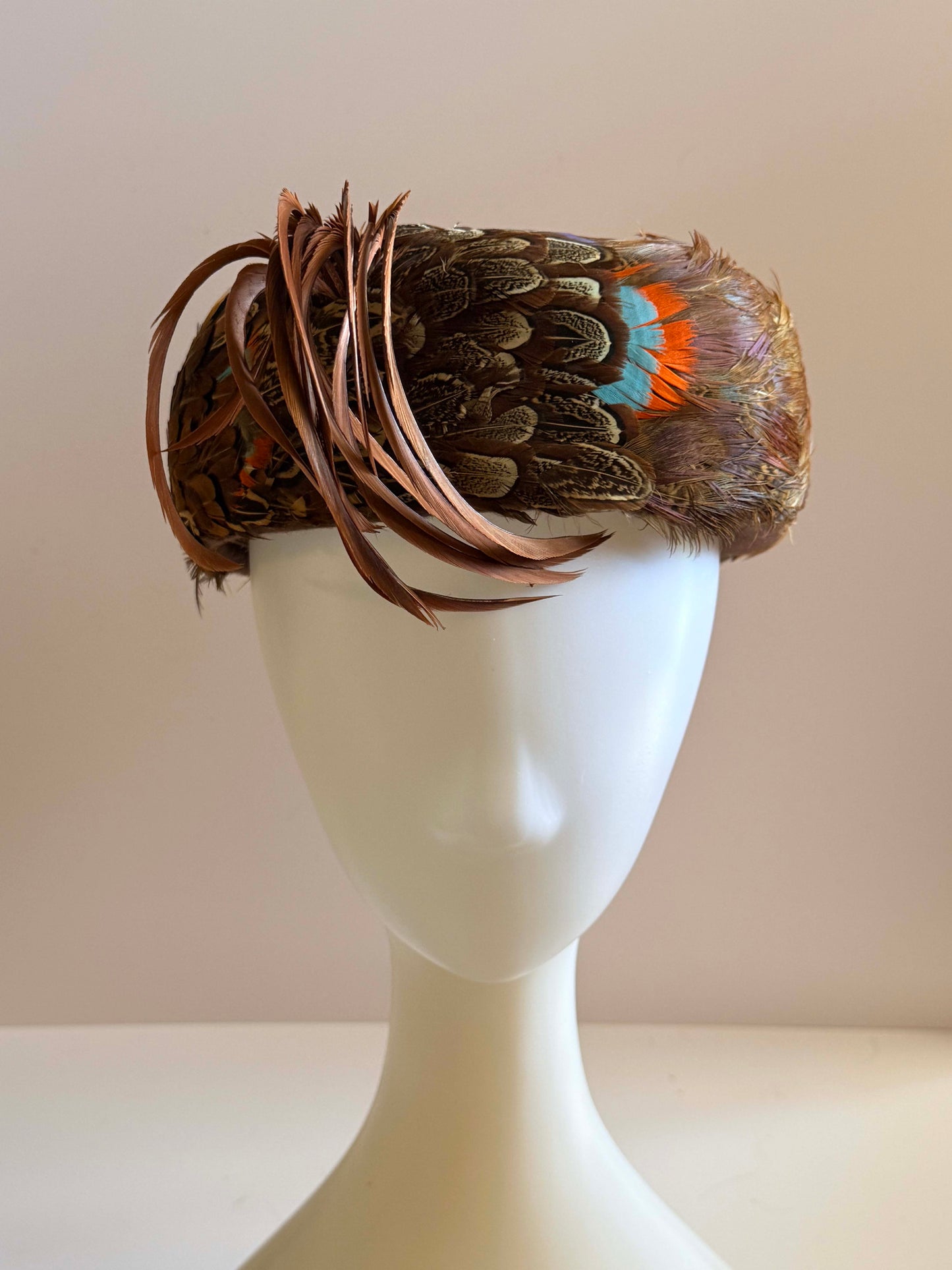 Vintage 1950s Feather Pillbox Hat Brown Pheasant Feather Cocktail Hat Statement Mid Century