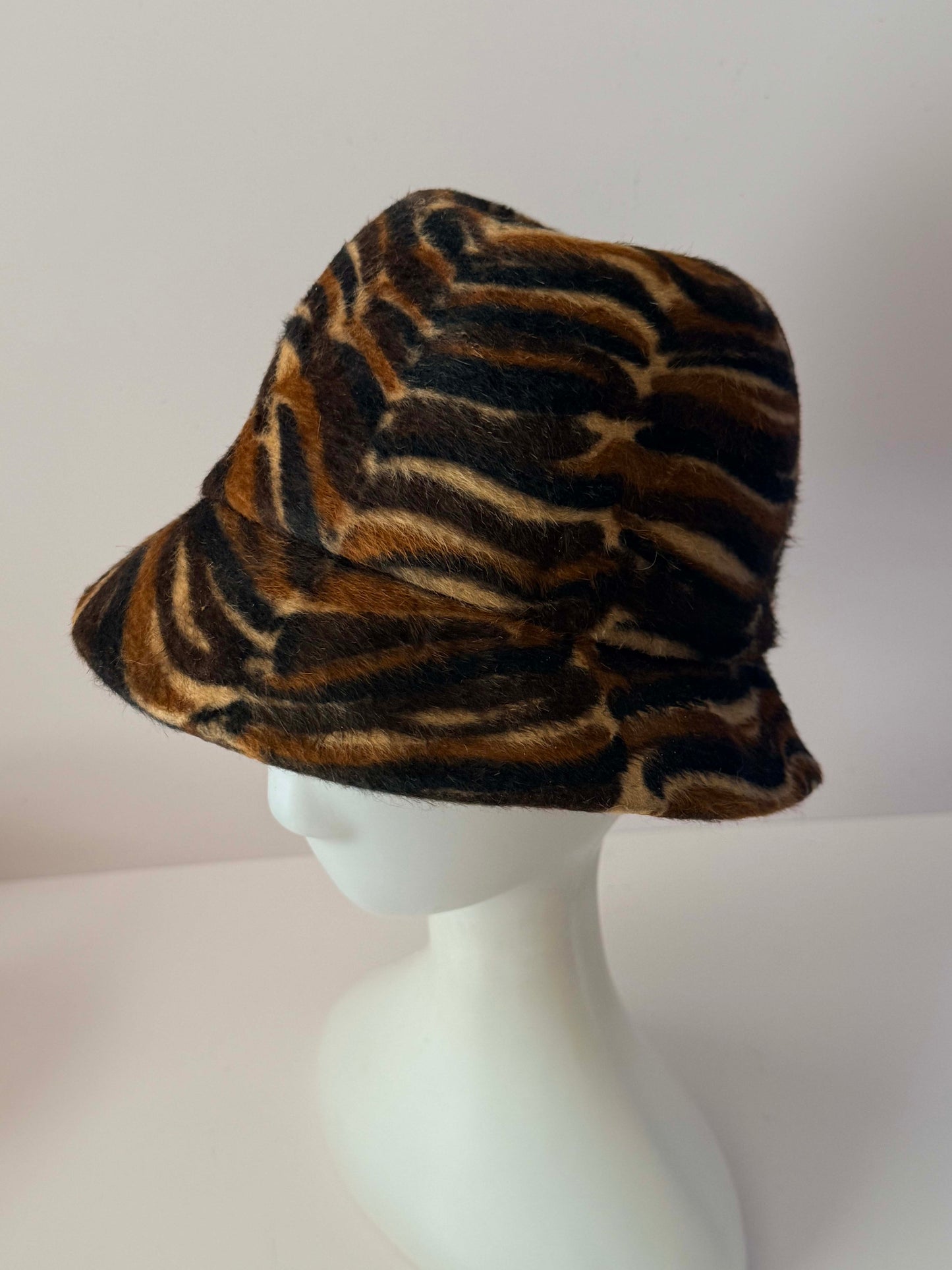 Vintage Adolfo II Animal Print Hat Gimbels Austrian Fur Felt Bucket Hat Designer Millinery