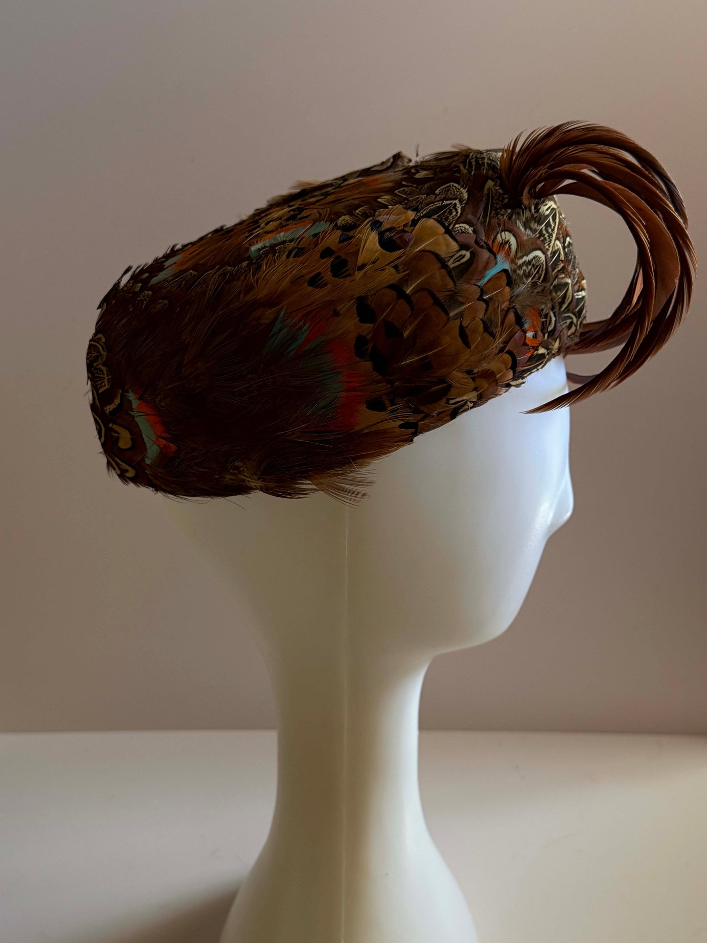 Vintage 1950s Feather Pillbox Hat Brown Pheasant Feather Cocktail Hat Statement Mid Century