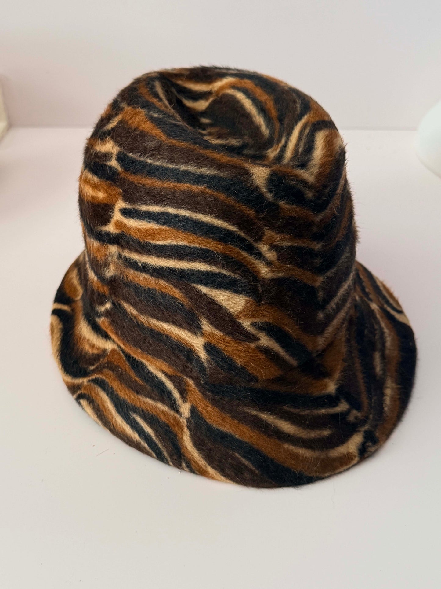 Vintage Adolfo II Animal Print Hat Gimbels Austrian Fur Felt Bucket Hat Designer Millinery