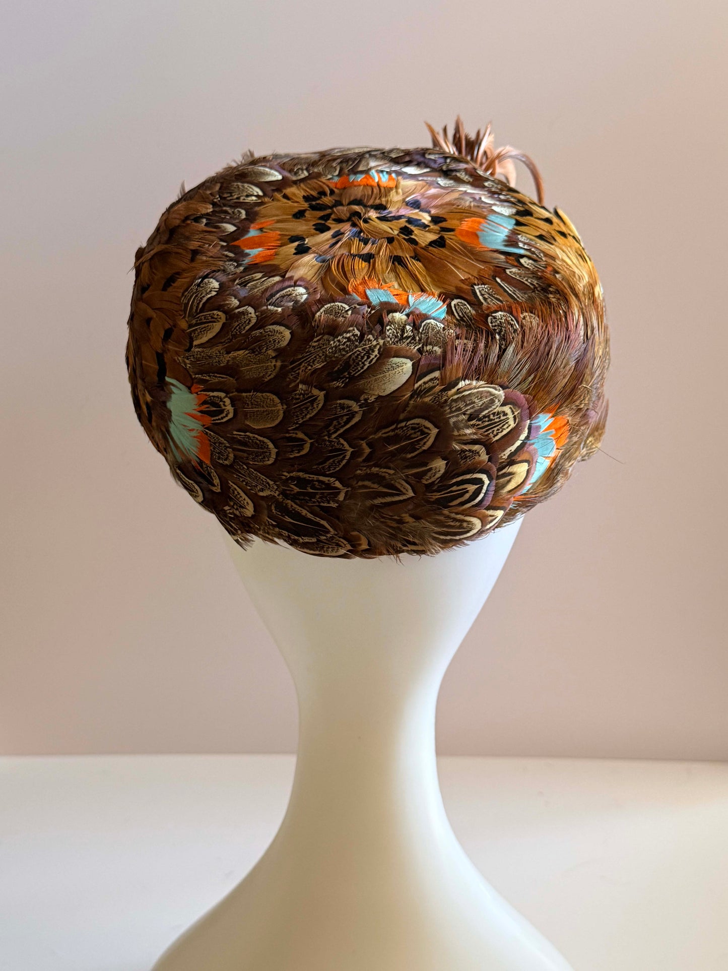 Vintage 1950s Feather Pillbox Hat Brown Pheasant Feather Cocktail Hat Statement Mid Century