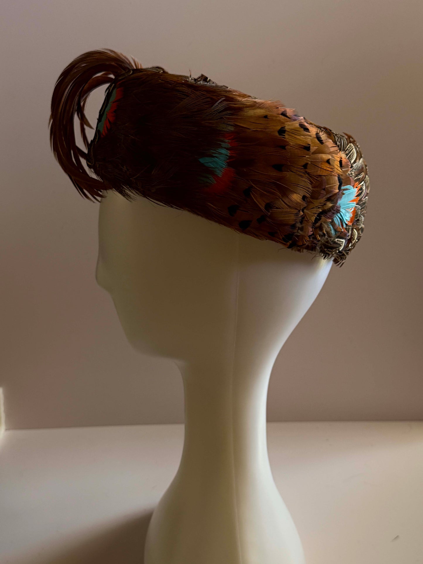 Vintage 1950s Feather Pillbox Hat Brown Pheasant Feather Cocktail Hat Statement Mid Century