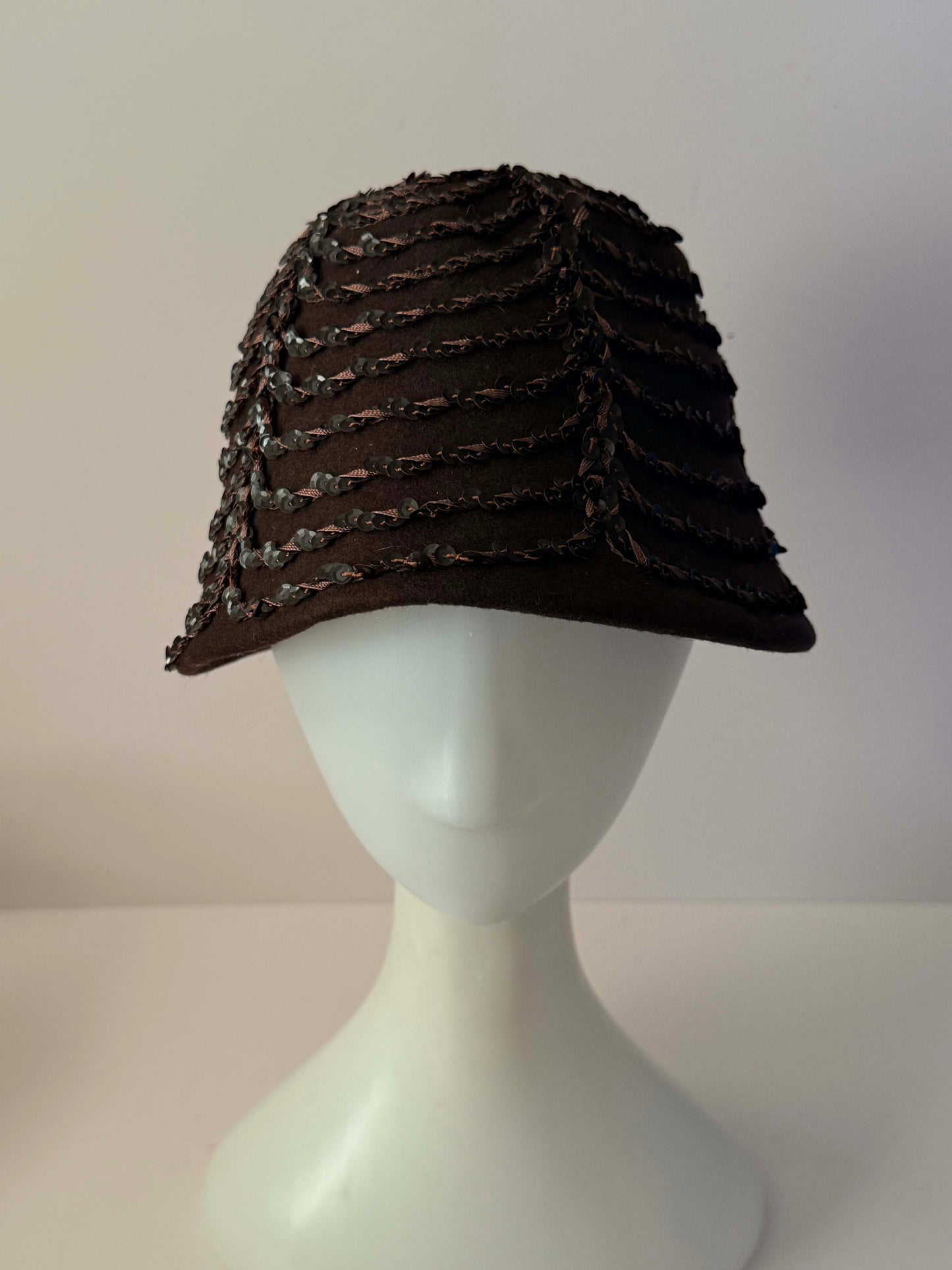 Vintage 1950s Brown Sequin Hat Merrimac Wool Felt Sculptural Cocktail Hat Mid Century Millinery