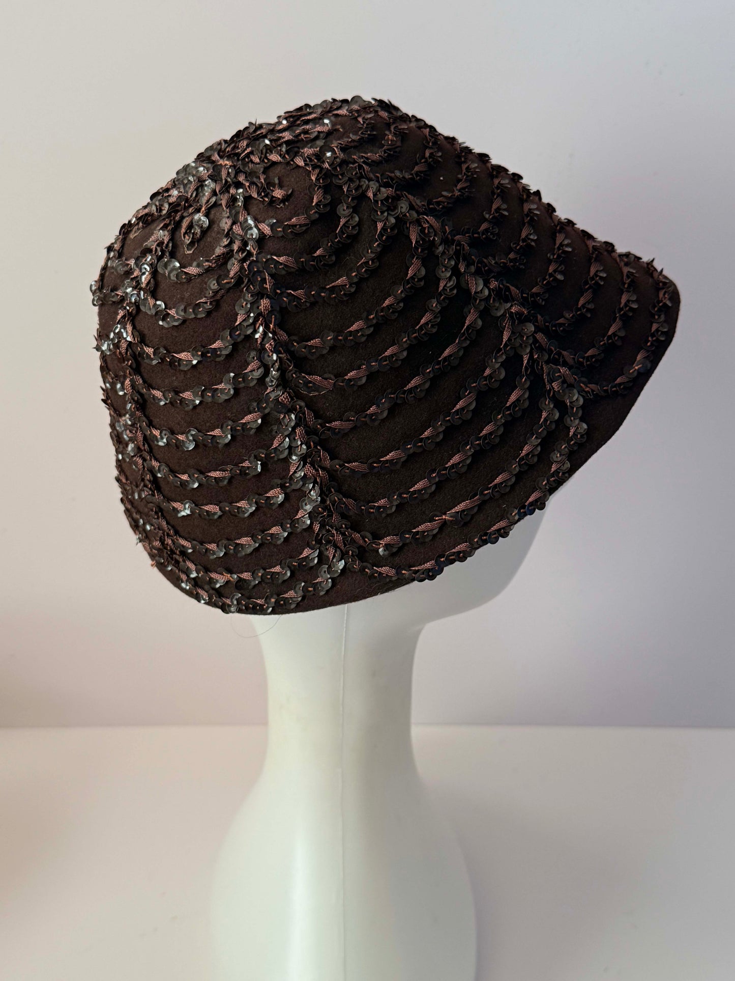 Vintage 1950s Brown Sequin Hat Merrimac Wool Felt Sculptural Cocktail Hat Mid Century Millinery