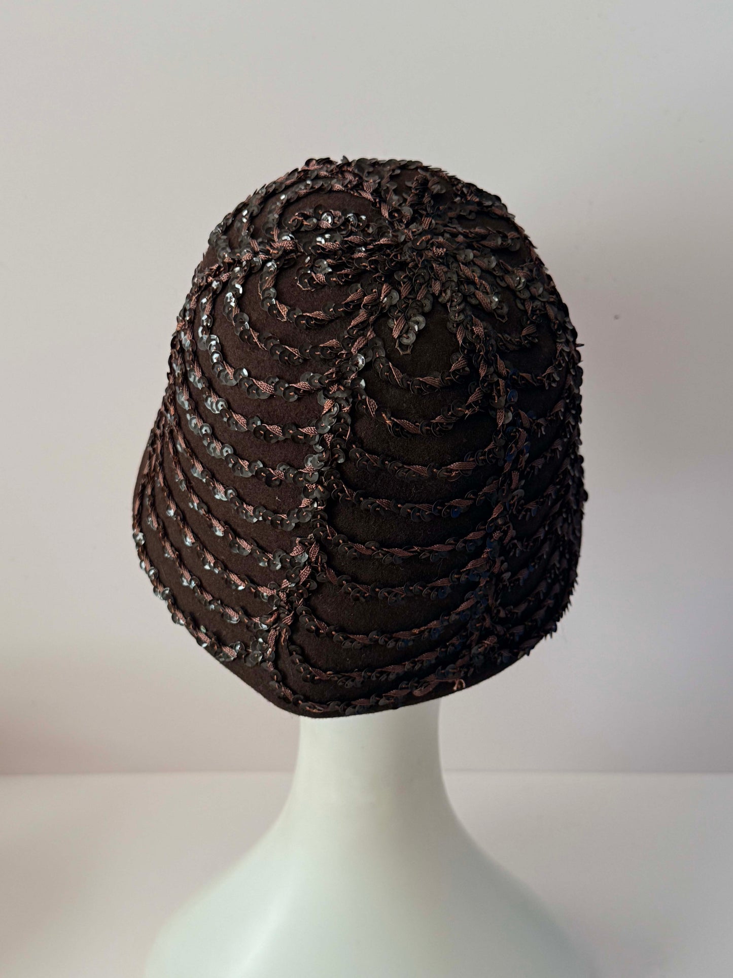 Vintage 1950s Brown Sequin Hat Merrimac Wool Felt Sculptural Cocktail Hat Mid Century Millinery