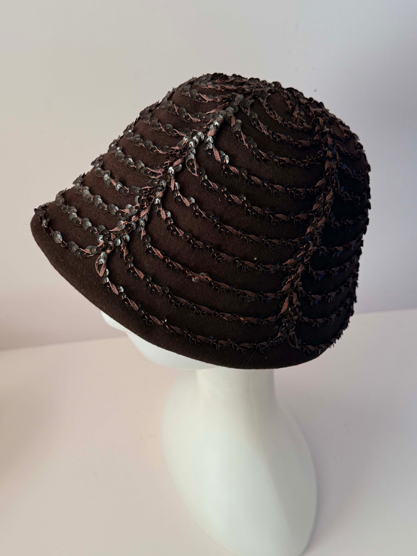 Vintage 1950s Brown Sequin Hat Merrimac Wool Felt Sculptural Cocktail Hat Mid Century Millinery