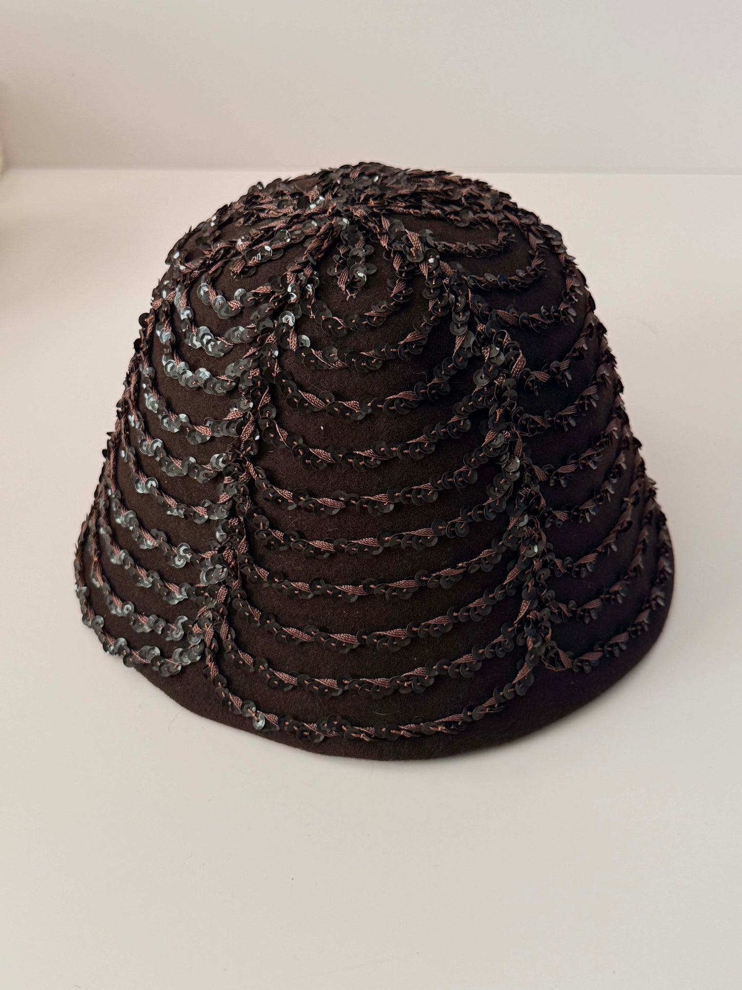 Vintage 1950s Brown Sequin Hat Merrimac Wool Felt Sculptural Cocktail Hat Mid Century Millinery