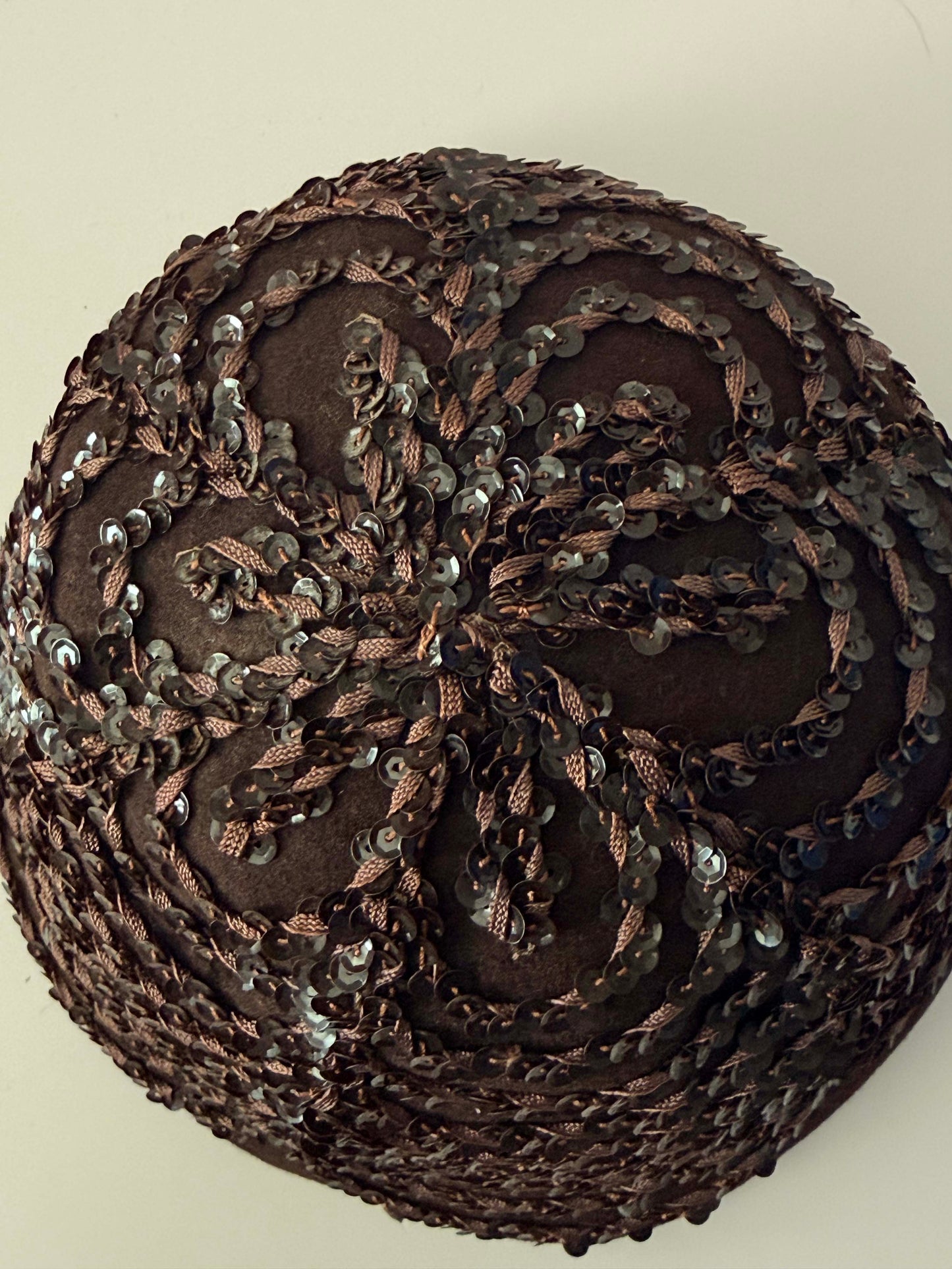 Vintage 1950s Brown Sequin Hat Merrimac Wool Felt Sculptural Cocktail Hat Mid Century Millinery