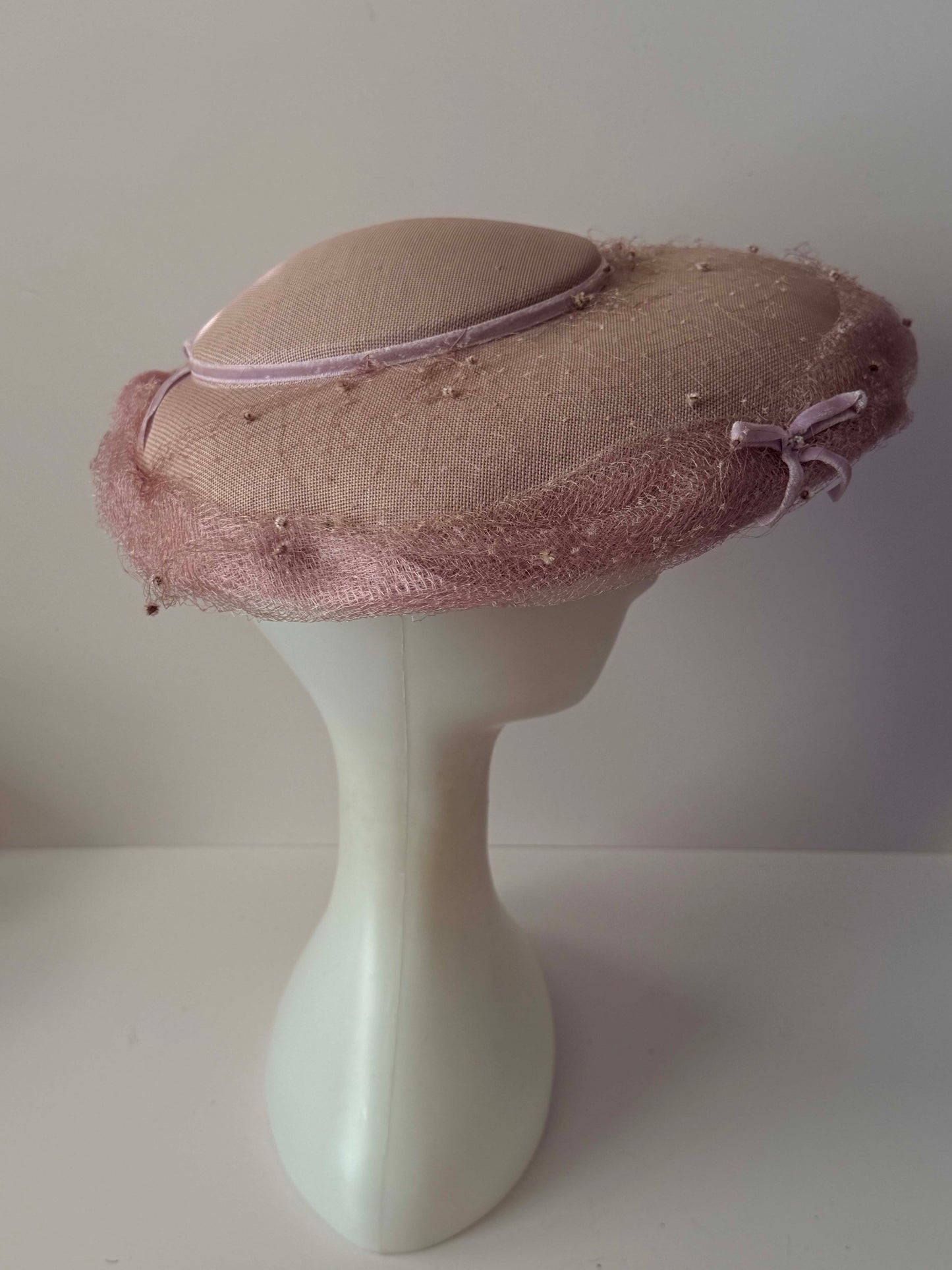 1950s Vintage Dusty Pink Picture Hat | Velvet Bow Veiled Wide Brim Hat | Mid Century Cocktail Millinery