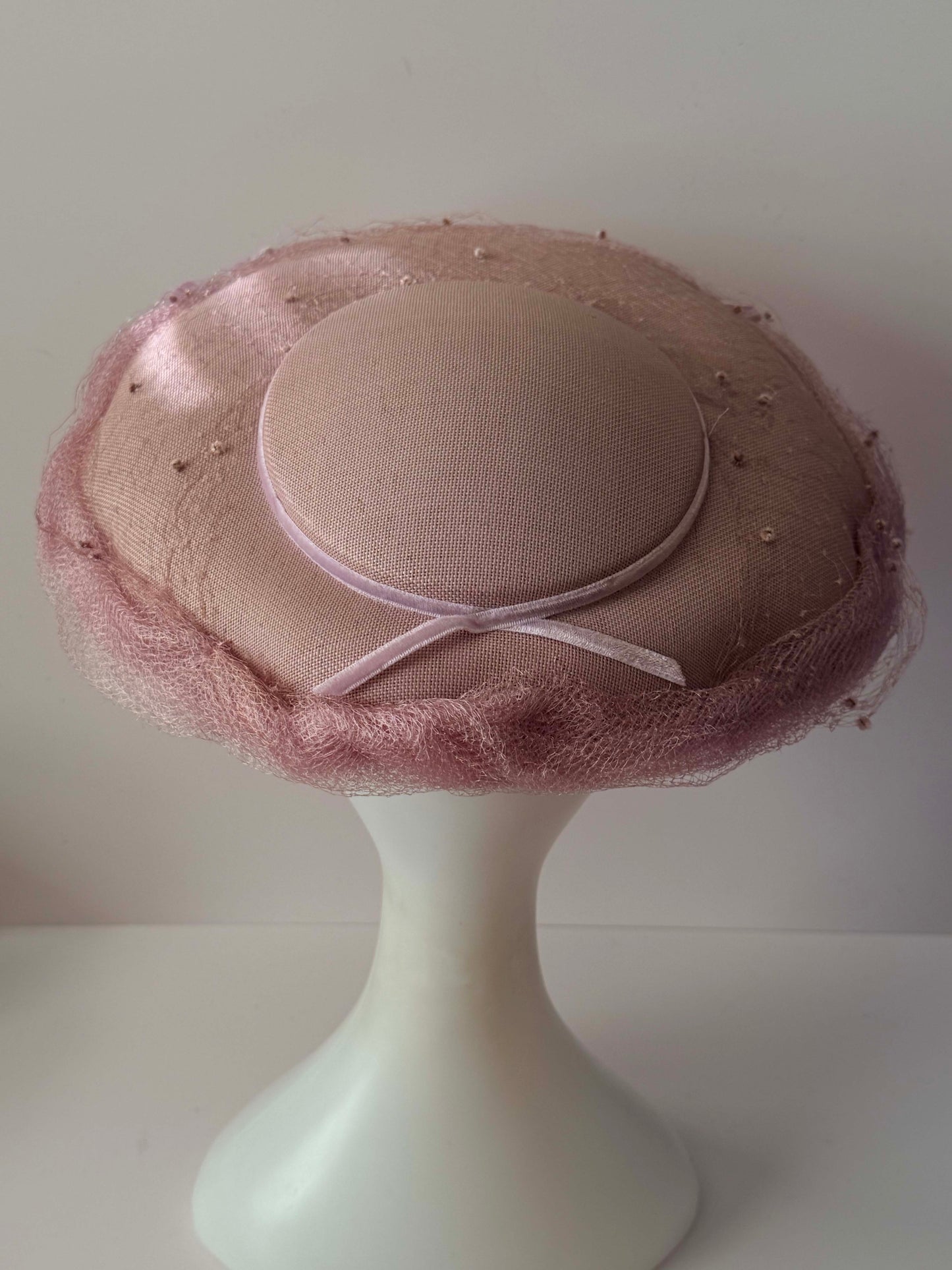 1950s Vintage Dusty Pink Picture Hat | Velvet Bow Veiled Wide Brim Hat | Mid Century Cocktail Millinery