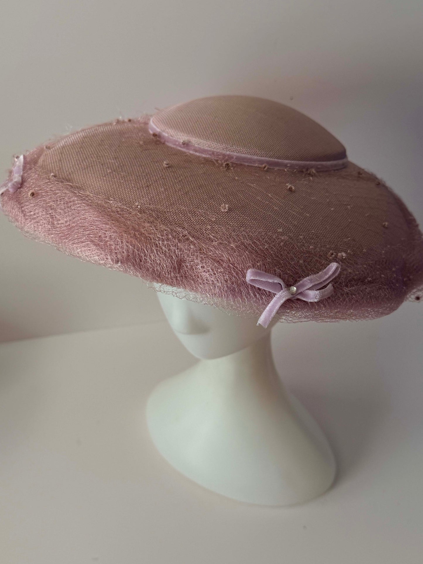 1950s Vintage Dusty Pink Picture Hat | Velvet Bow Veiled Wide Brim Hat | Mid Century Cocktail Millinery