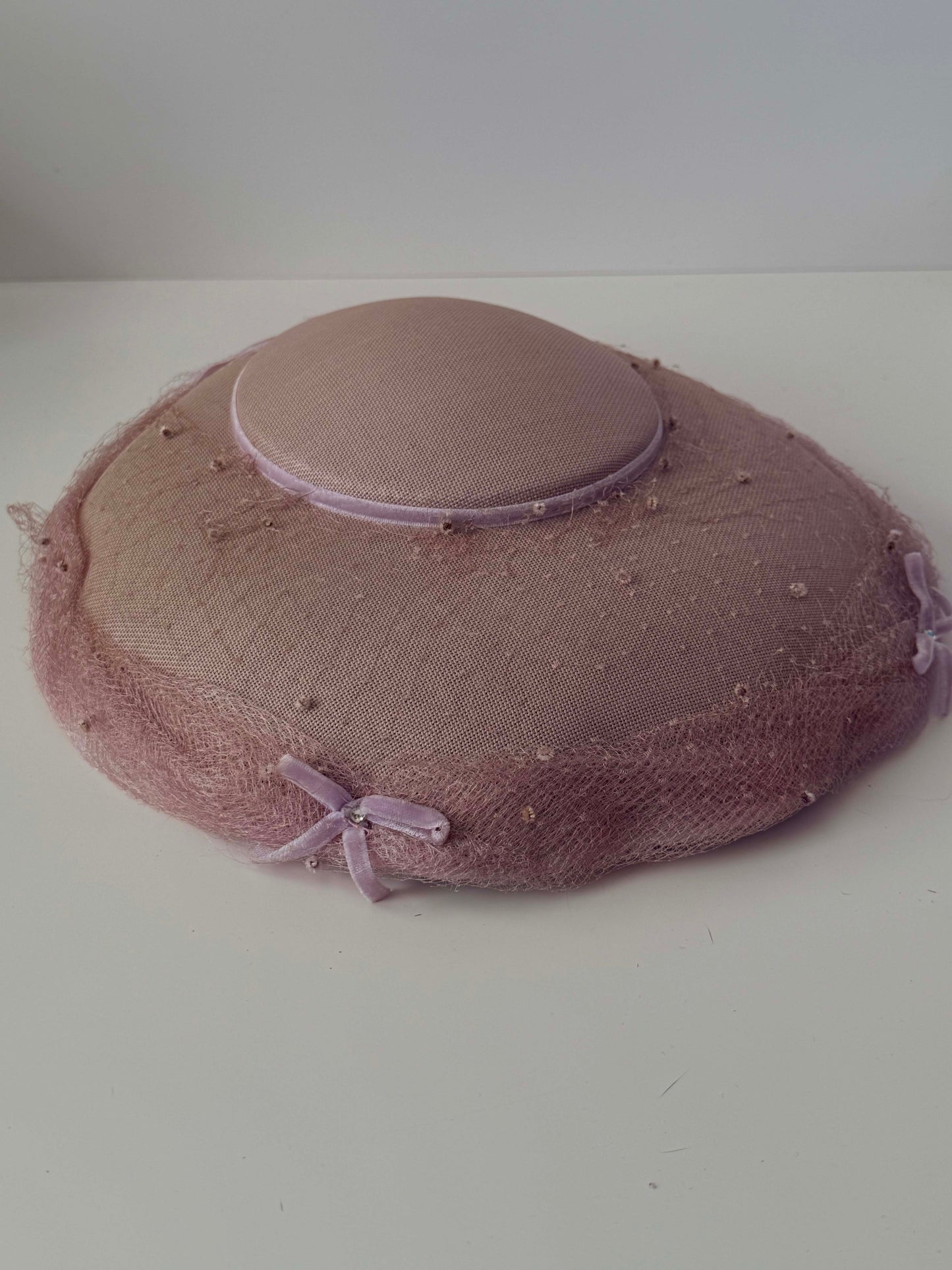 1950s Vintage Dusty Pink Picture Hat | Velvet Bow Veiled Wide Brim Hat | Mid Century Cocktail Millinery