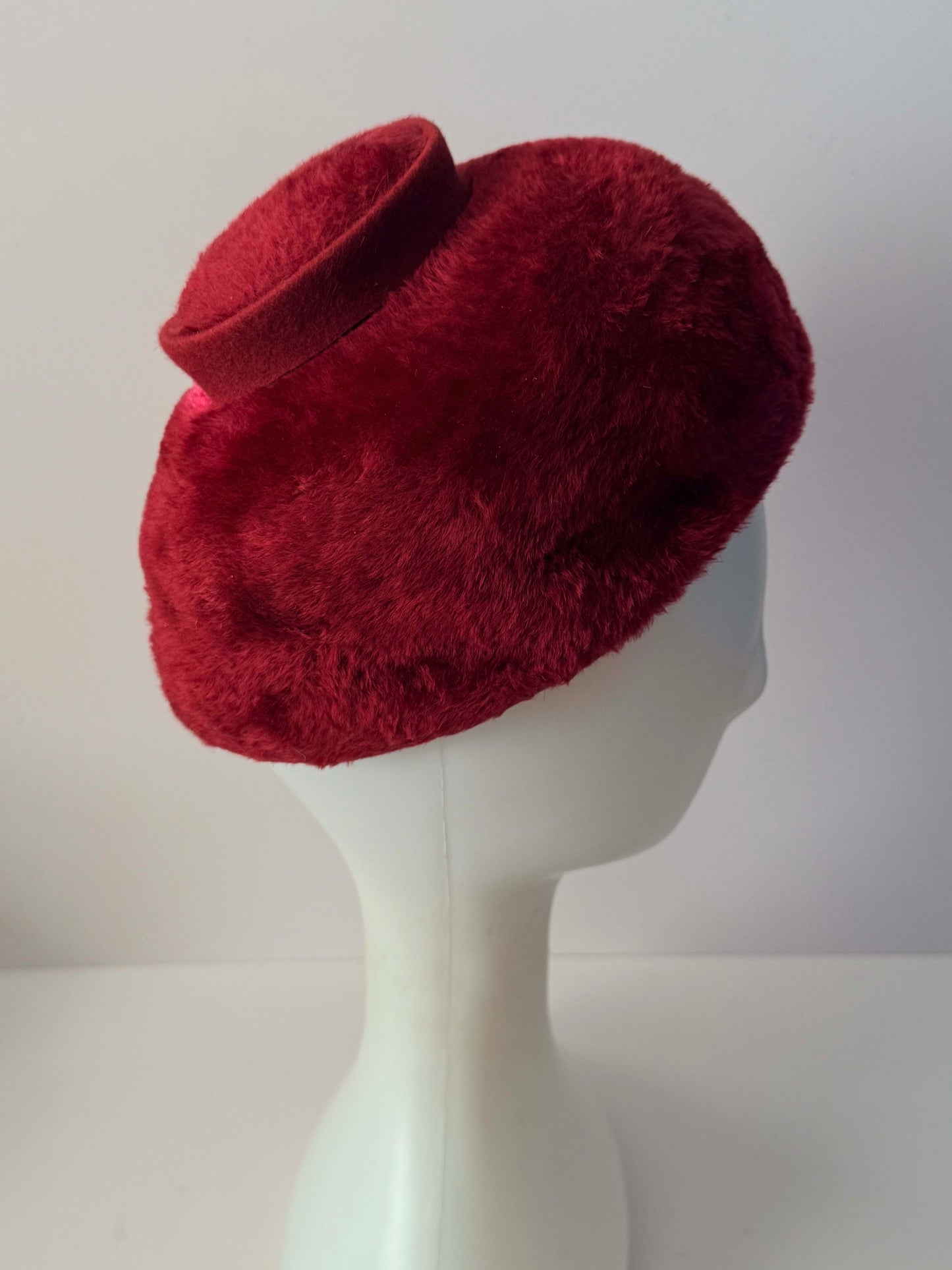 Vintage 1960s Frank Olive Ruby Art Red Hat | Italian Fur Felt Velour Mod Hat | Designer Vintage Millinery